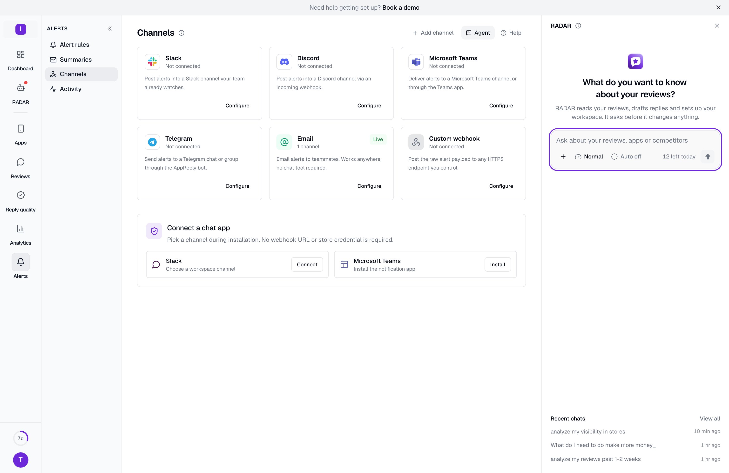 The RADAR chat open as a side panel beside a dashboard page, with the Agent and Help buttons in the page bar