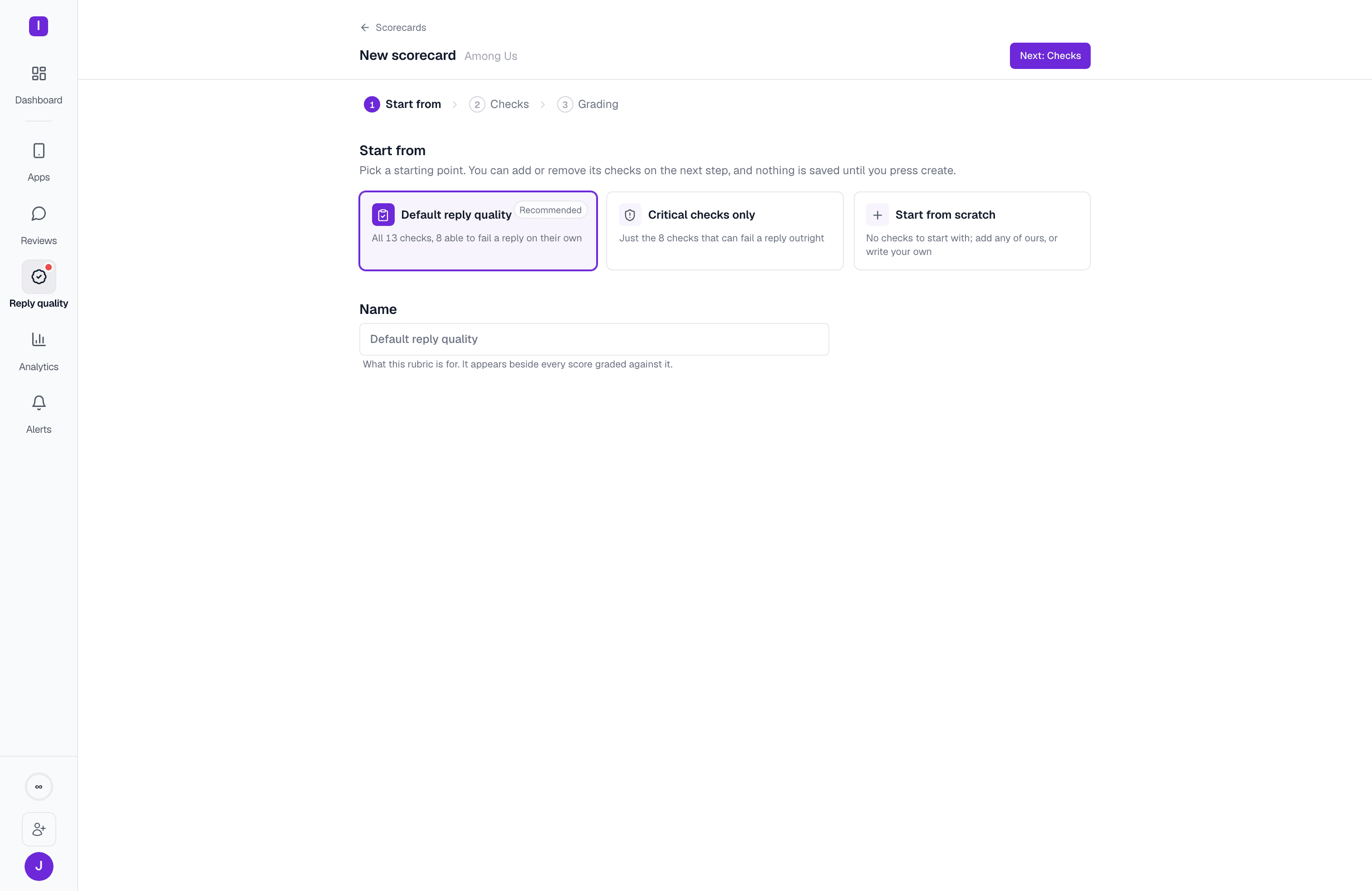 The new scorecard wizard's Start step: three starting points, Default reply quality, Critical checks only, and Start from scratch