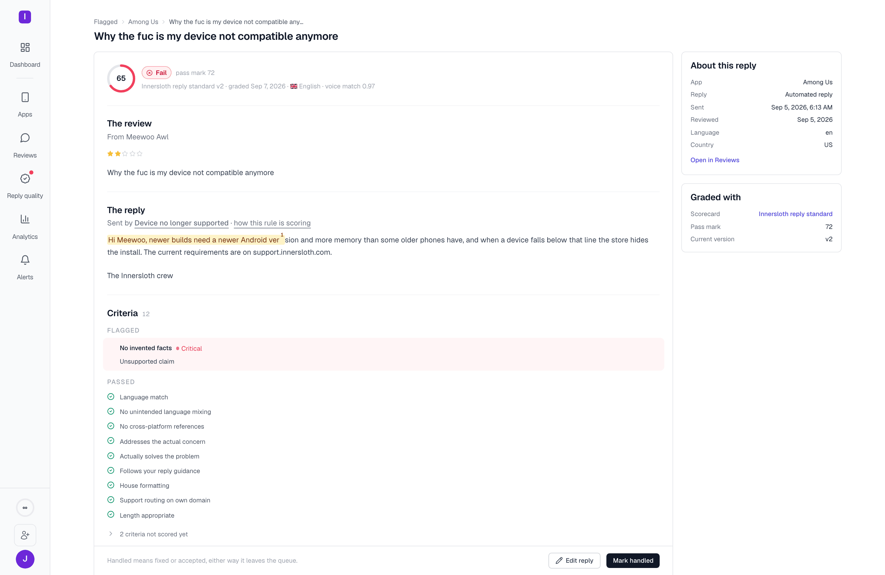 One graded reply's detail: the review, the published reply with evidence highlighted, and every criterion's outcome grouped as Flagged, Passed, and Not scored