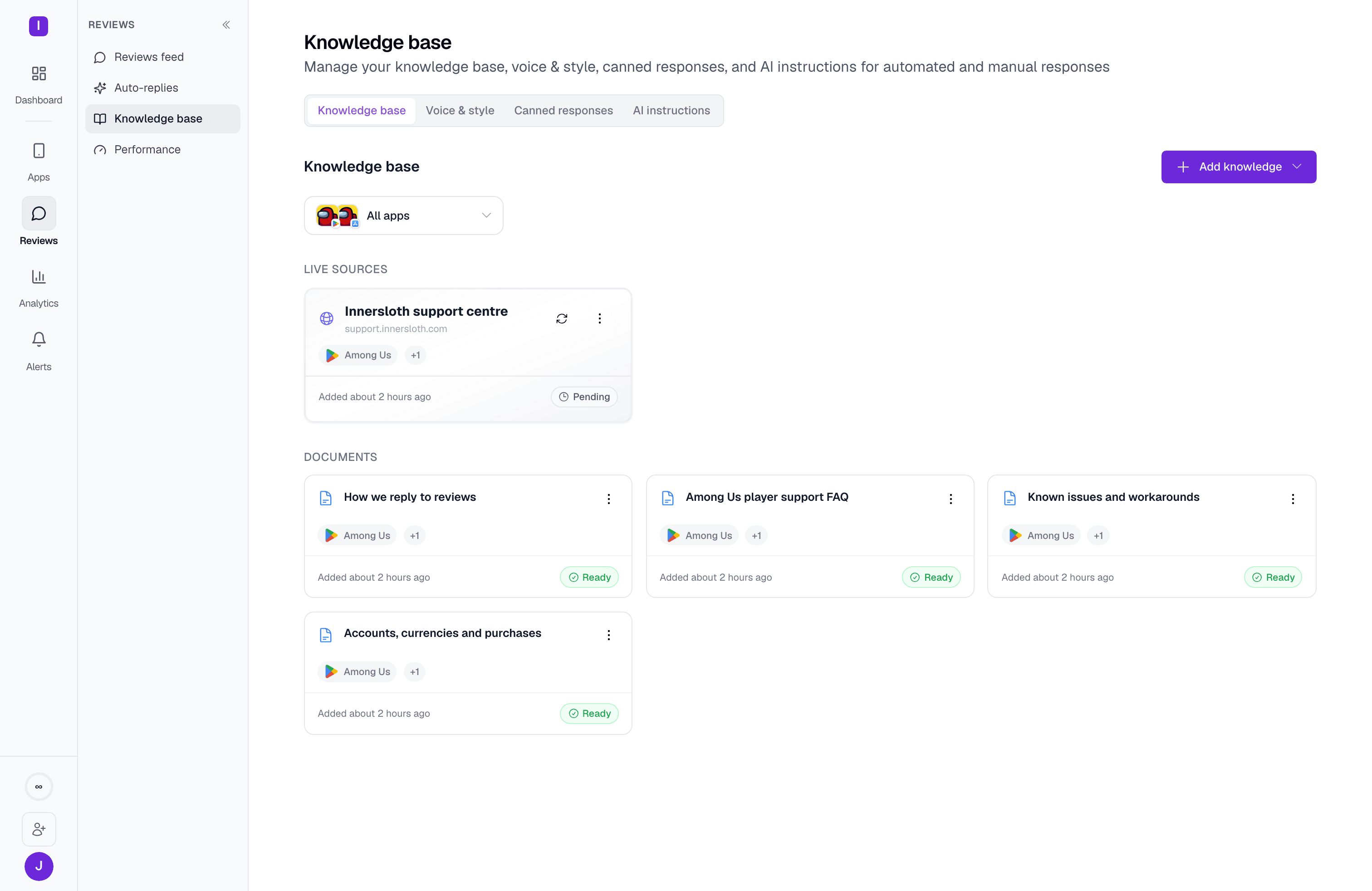 Knowledge base tab with documents that ground AI-generated replies