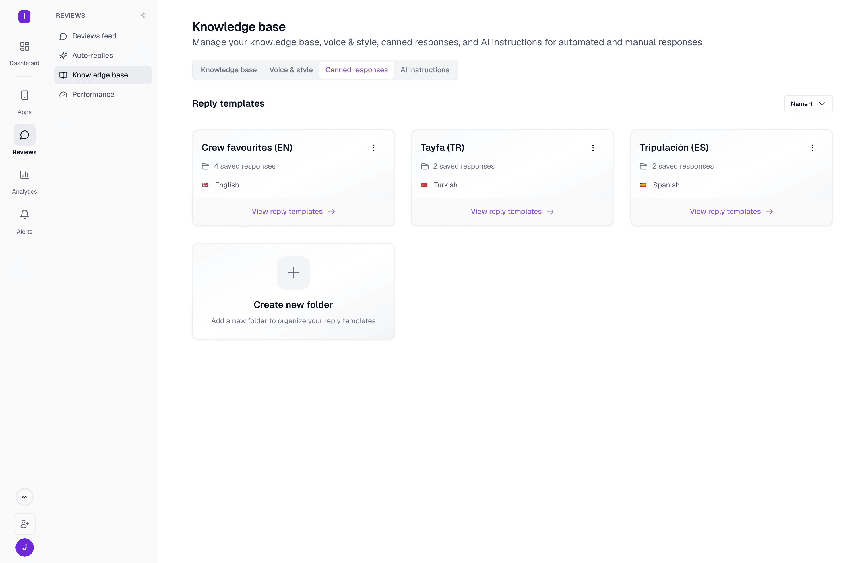 Three canned response folders: Crew favourites in English, Tayfa in Turkish, and Tripulación in Spanish