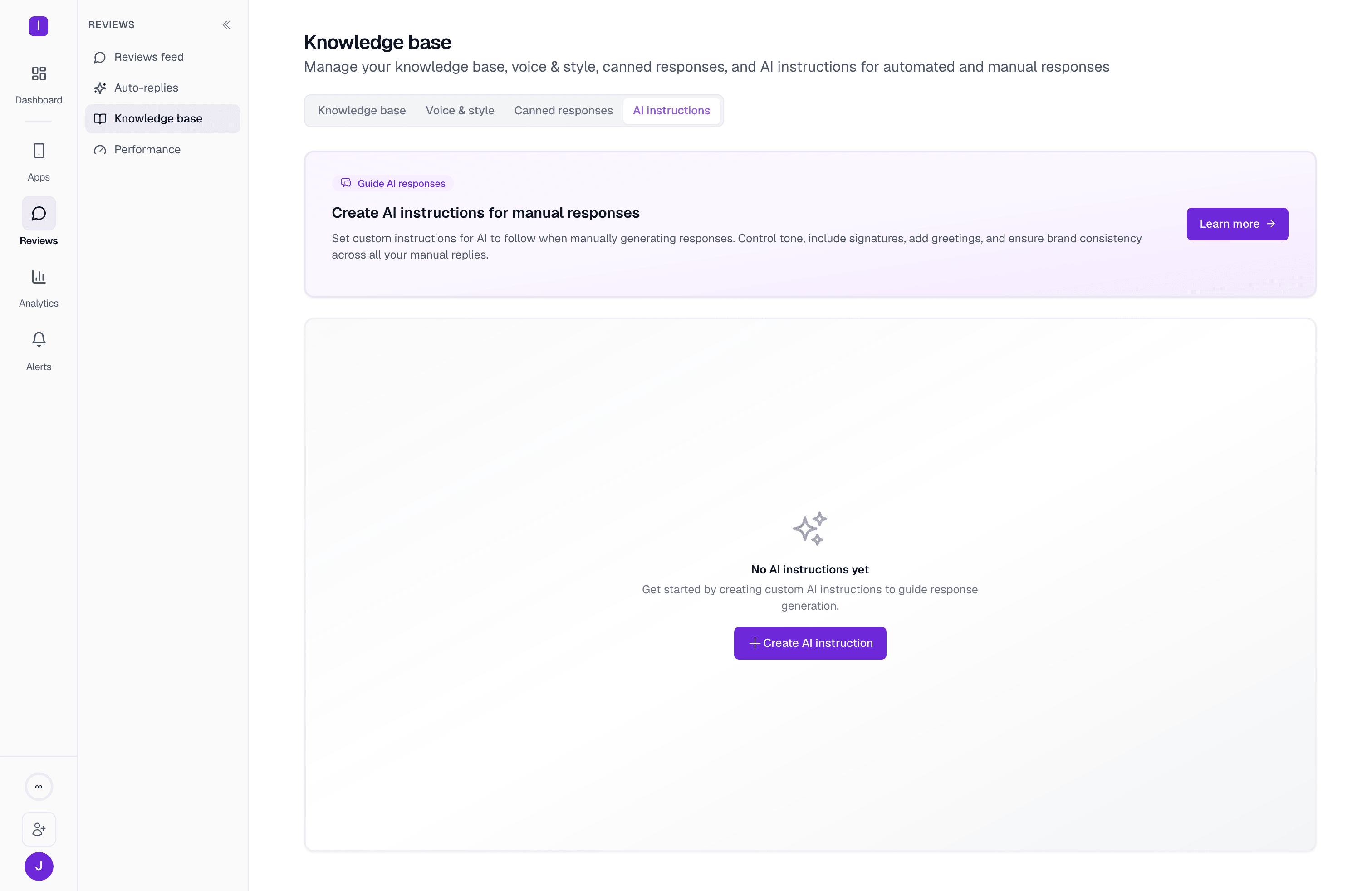 The AI instructions tab, empty state: a banner explaining the feature above a Create AI instruction button