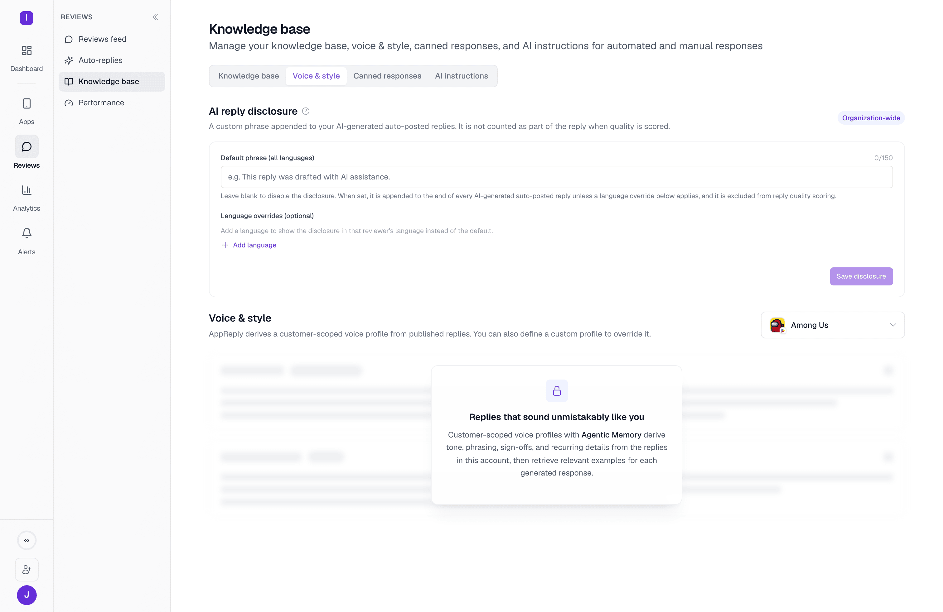 Voice & style tab: the AI reply disclosure form above a locked Agentic Memory voice profile panel
