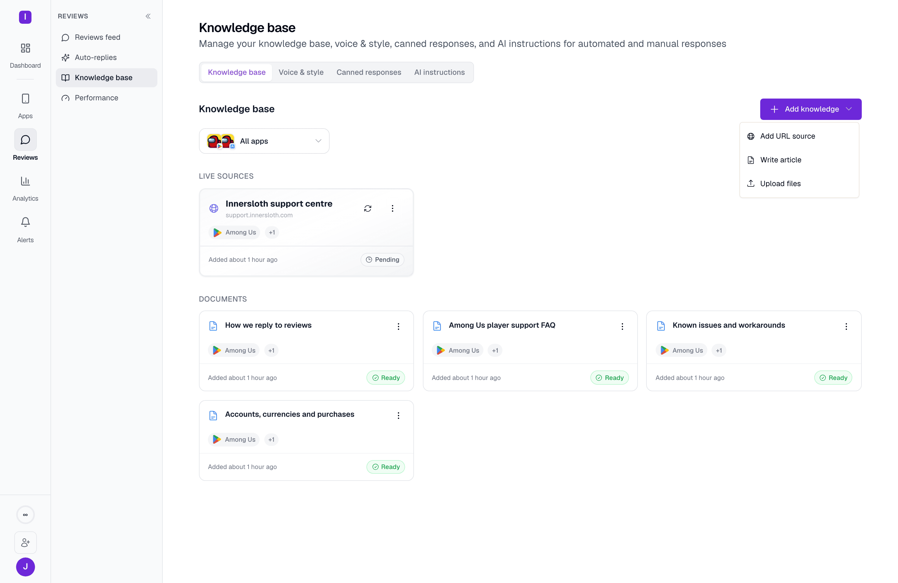 The Add knowledge menu: Add URL source, Write article, or Upload files