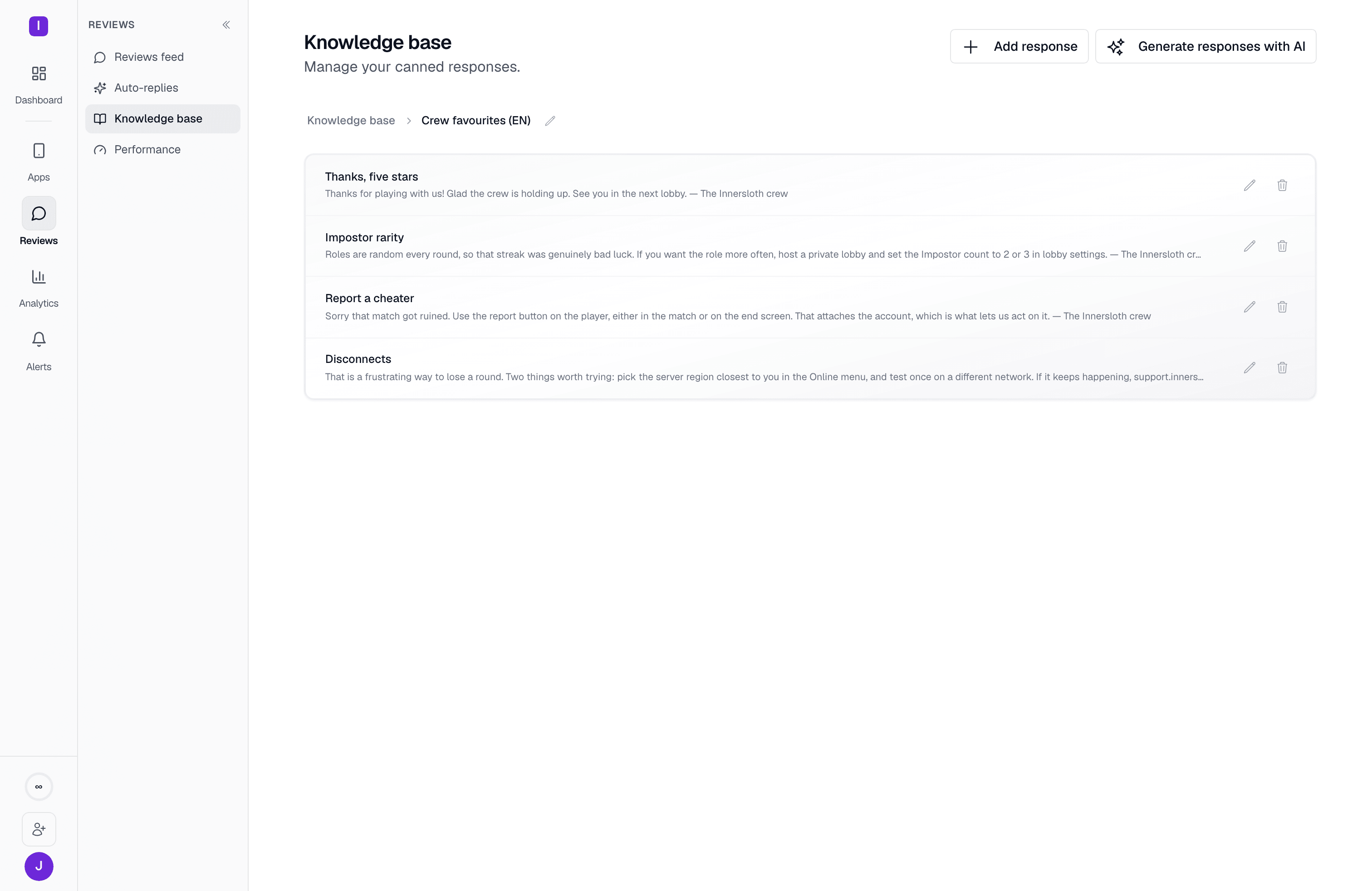 Inside a folder: four saved canned responses with their preview text