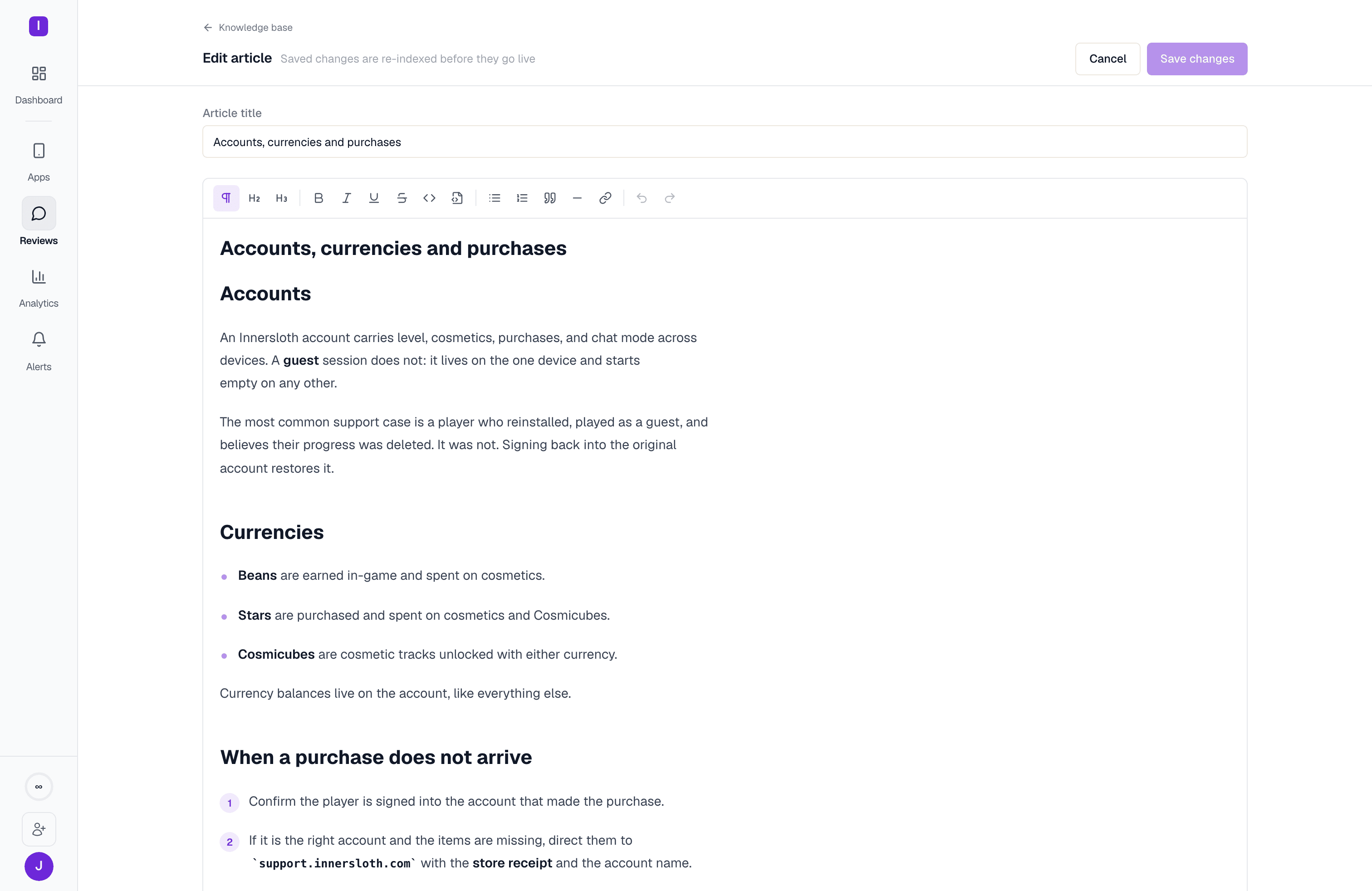 A knowledge base document open, showing its chunked and embedded content