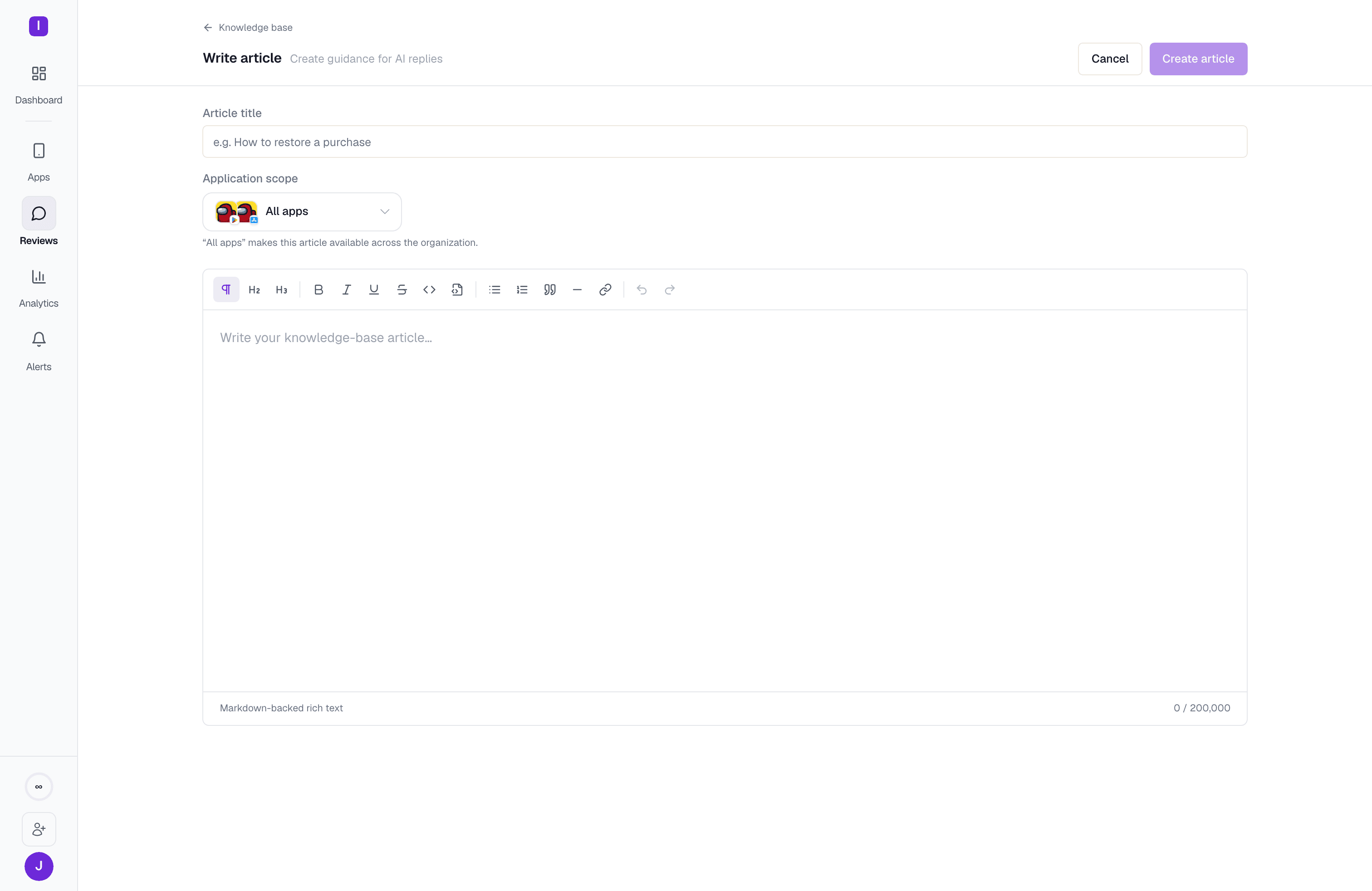Writing a new knowledge base article in the rich-text editor