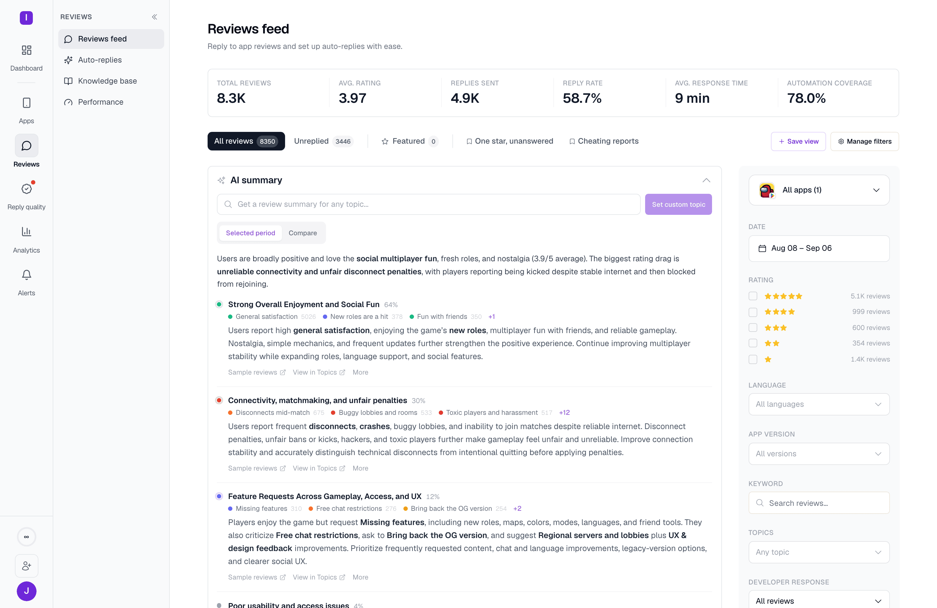 An expanded AI summary showing four weighted themes with percentages, topic chips, and per-theme recommendations
