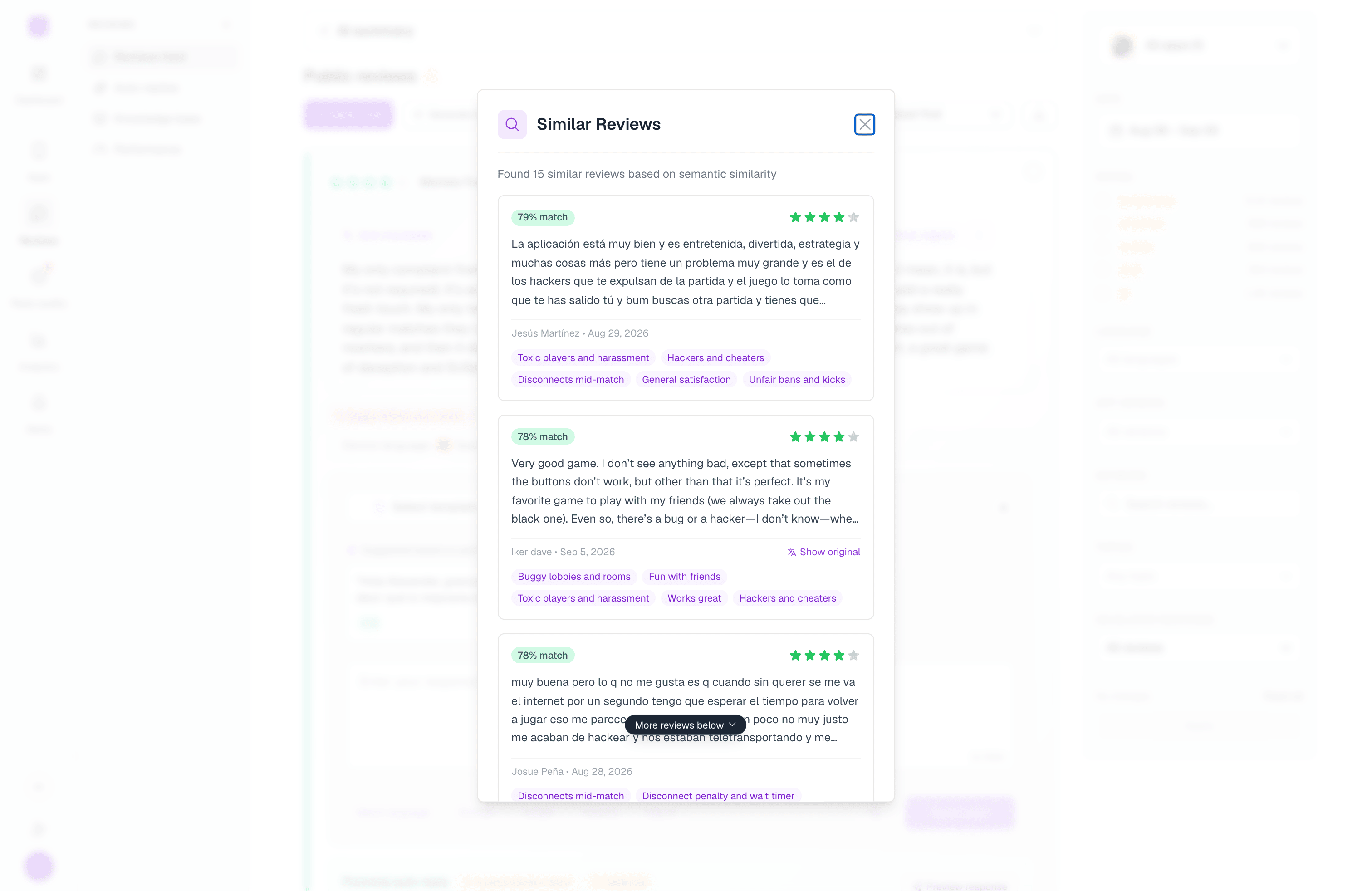 Similar Reviews panel showing reviews ranked by semantic match percentage, each with its rating and topic tags