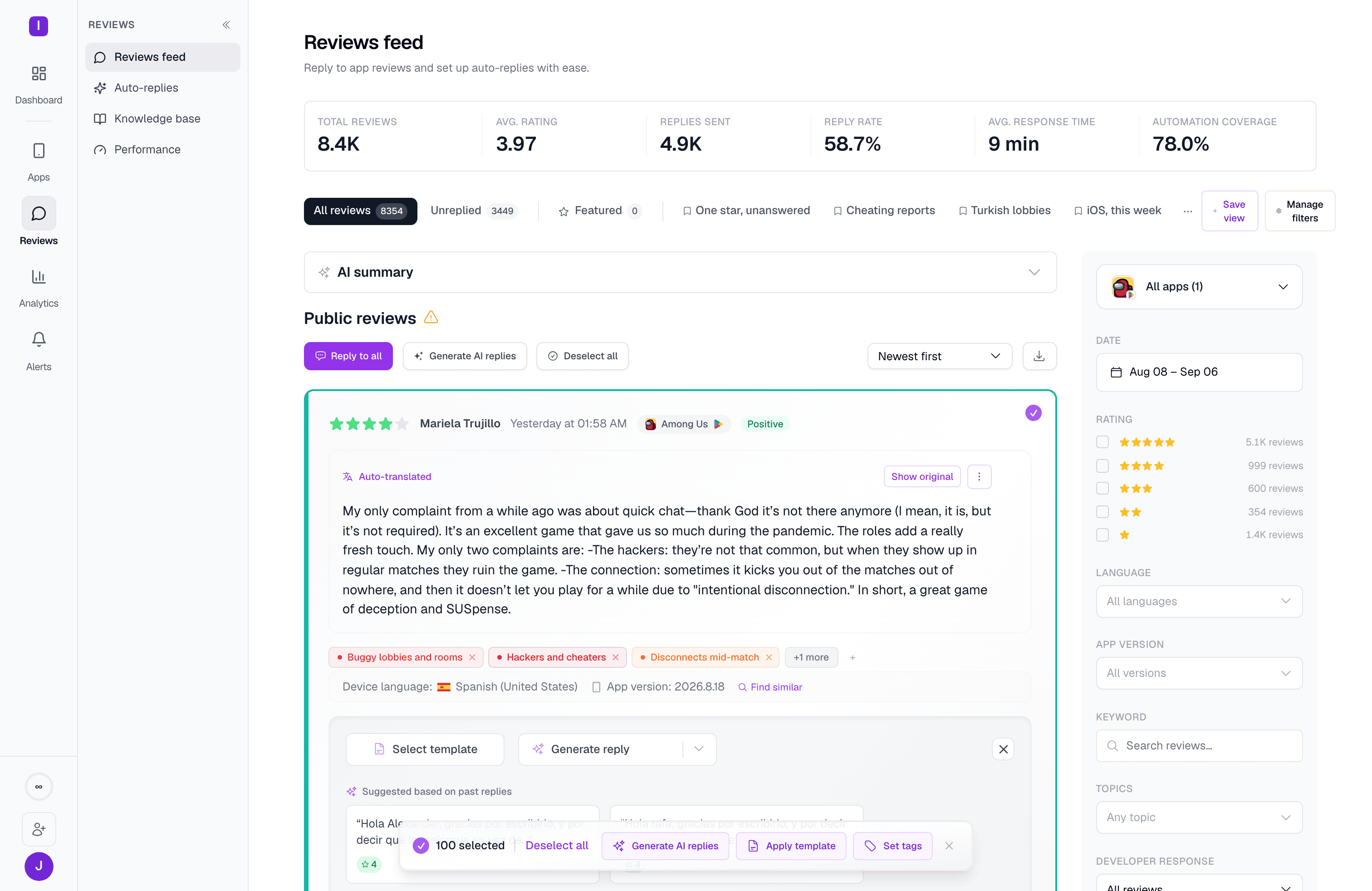 Multiple reviews selected in the feed, with the bulk actions bar showing the selected count