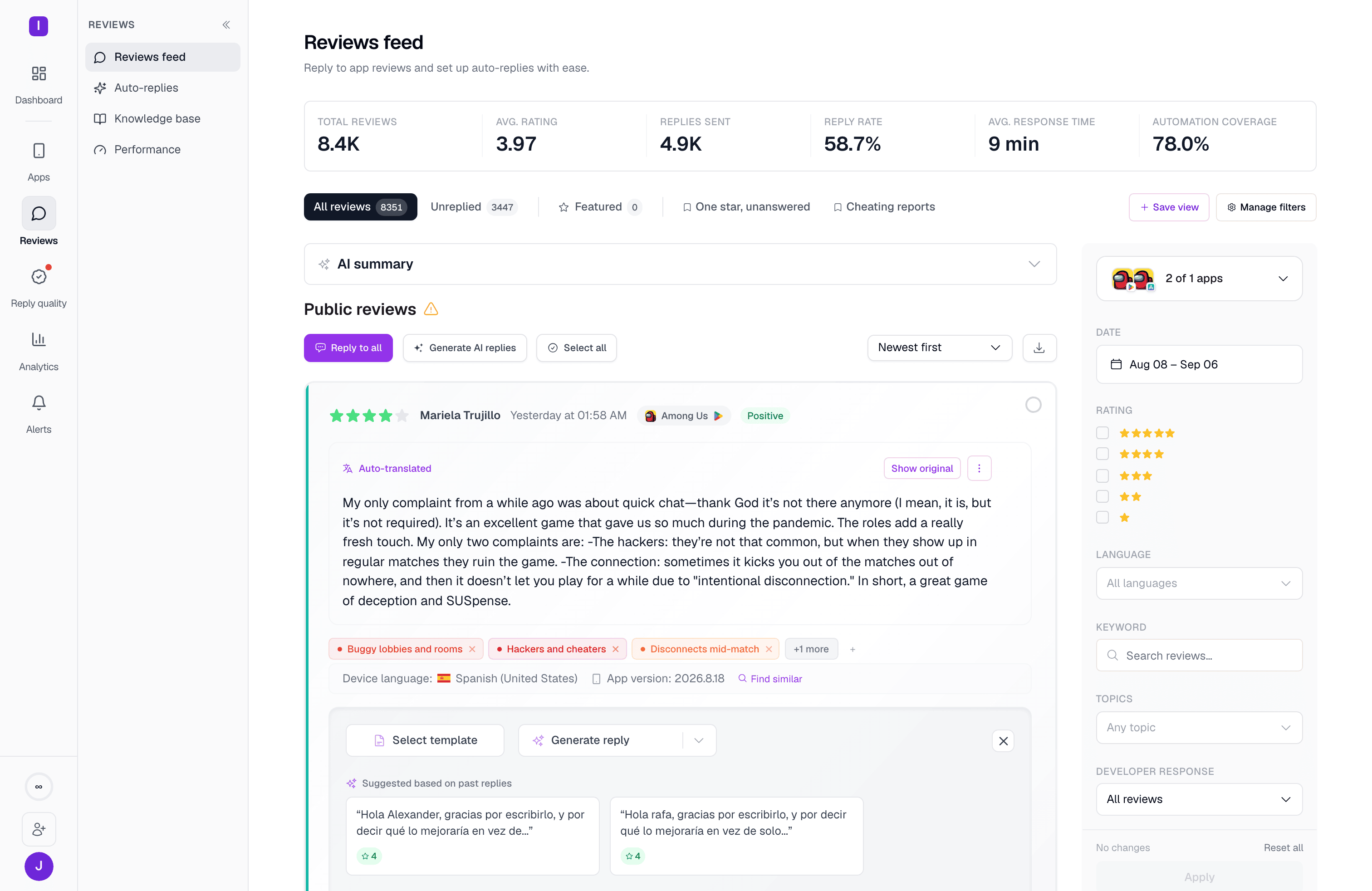 Two apps selected in the app selector, combining their reviews into one feed