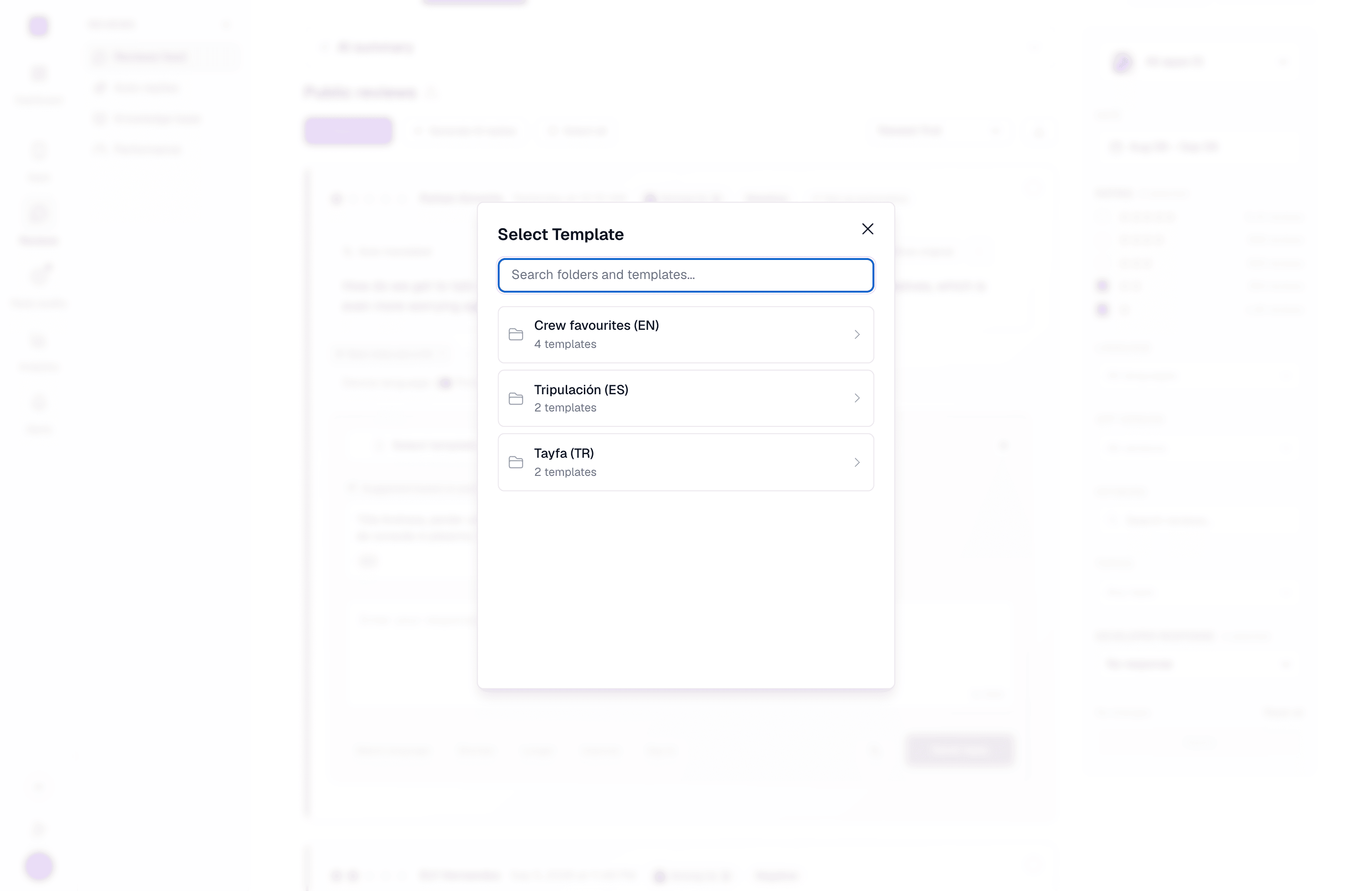 The Select Template picker over a review, listing three folders of canned responses in English, Spanish, and Turkish
