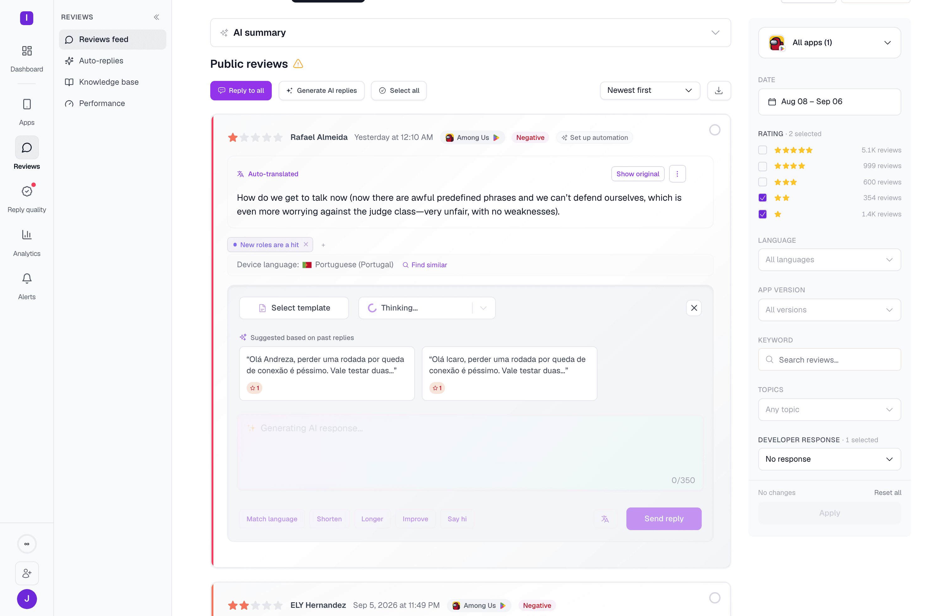 The reply composer with a draft mid-generation, showing the Thinking state and suggested replies