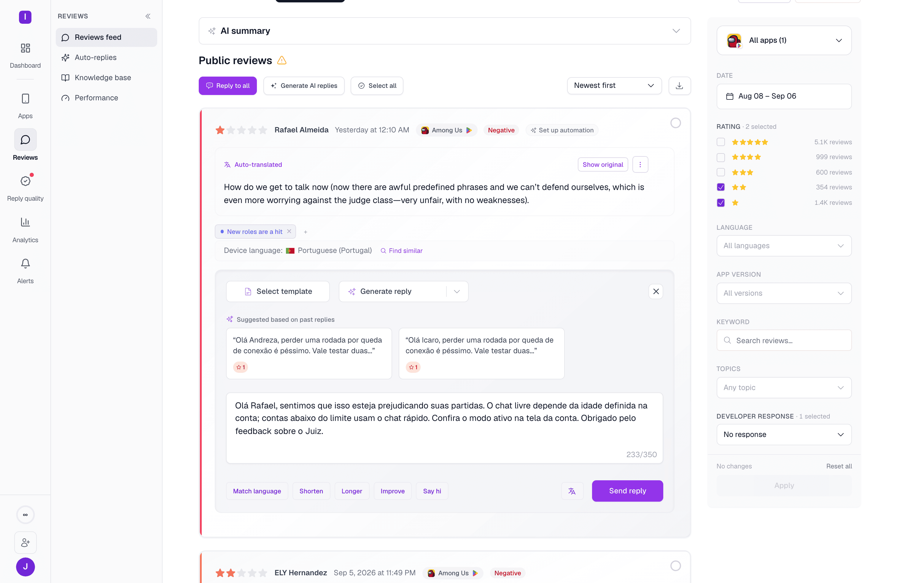 An AI-generated reply drafted for a review, correctly matched to the reviewer's language and grounded in the knowledge base