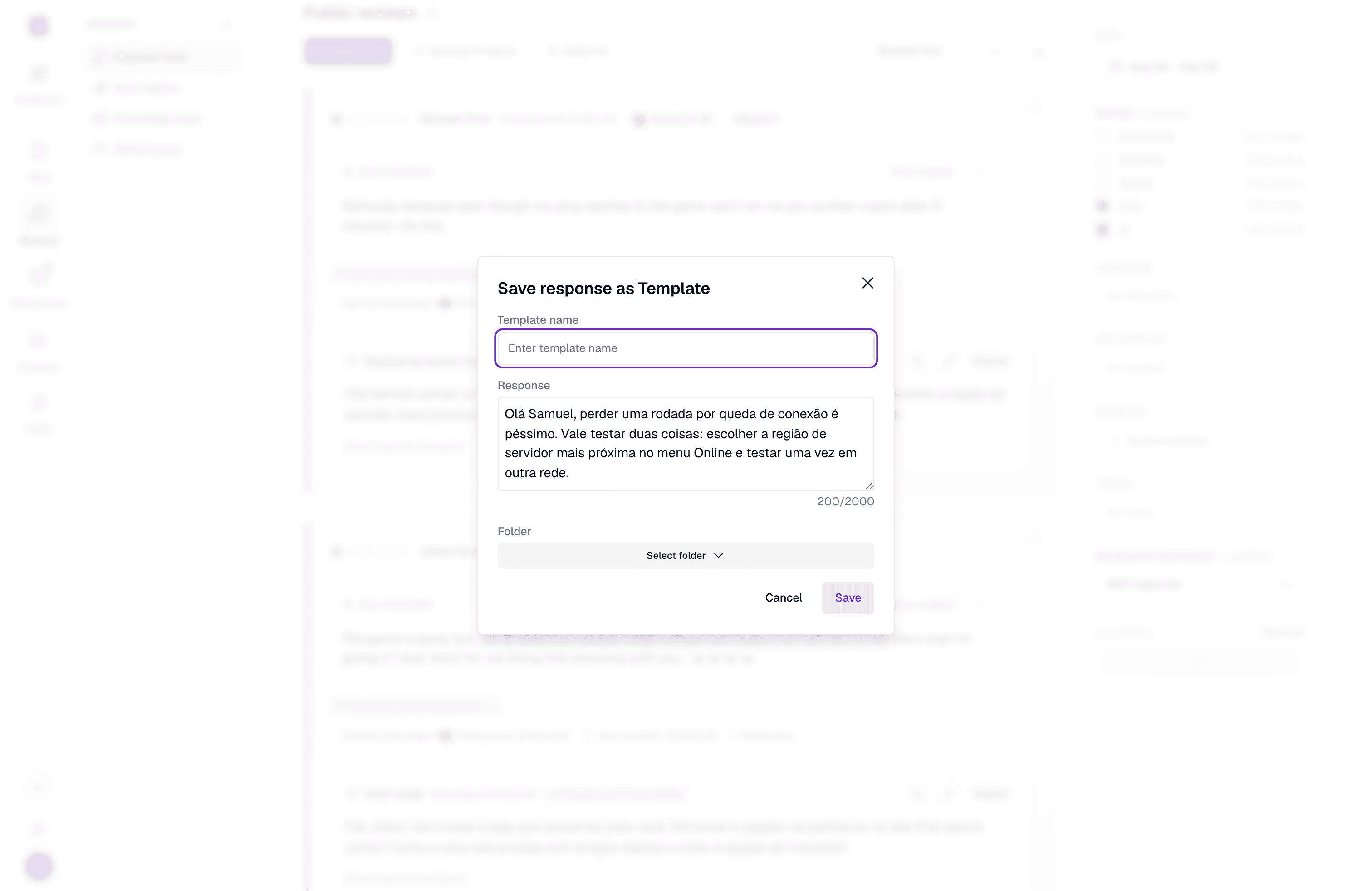 The Save response as Template dialog, pre-filled with the sent reply and a folder picker