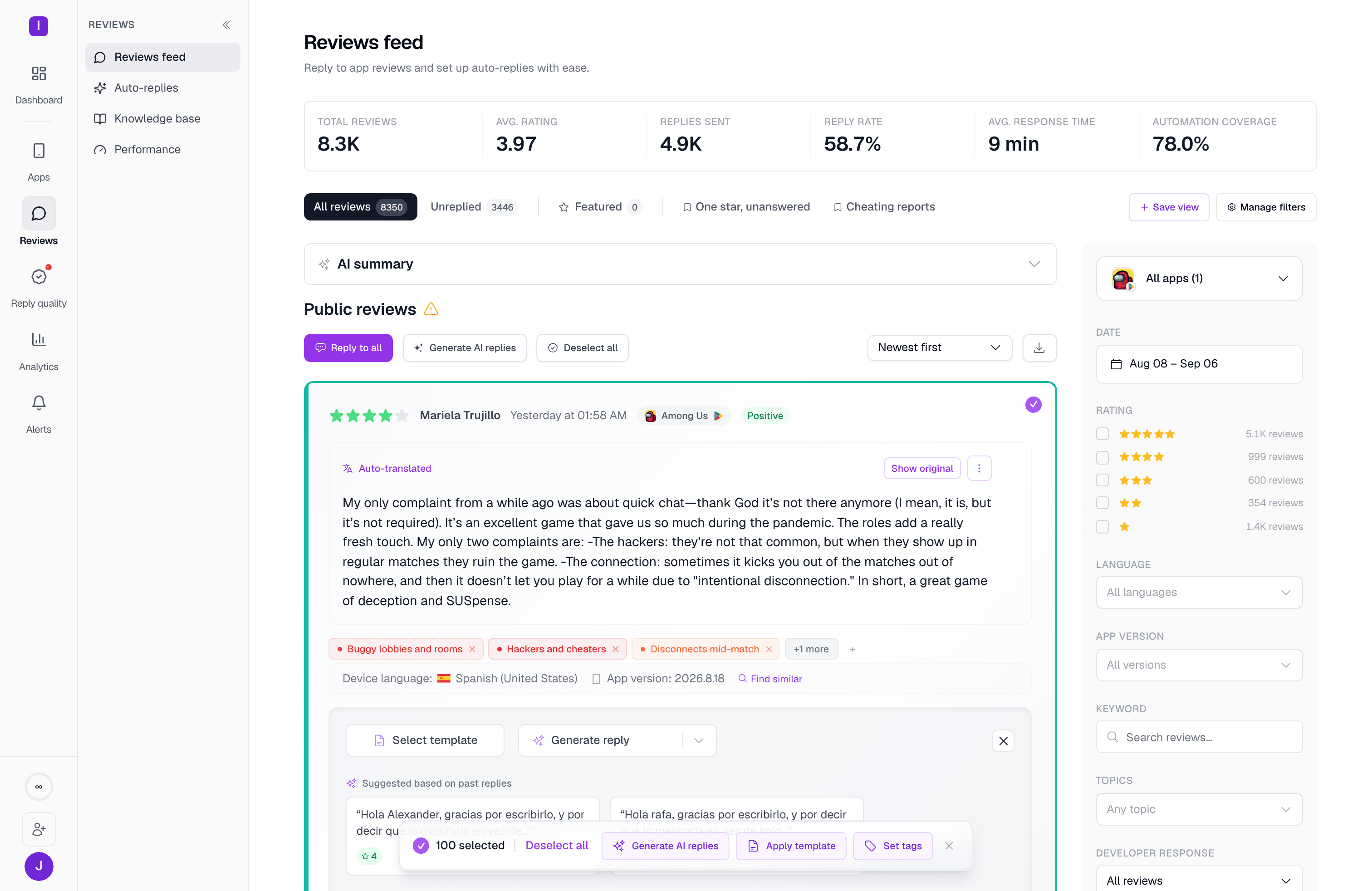 The bulk actions bar showing 100 selected reviews with Generate AI replies, Apply template, and Set tags controls