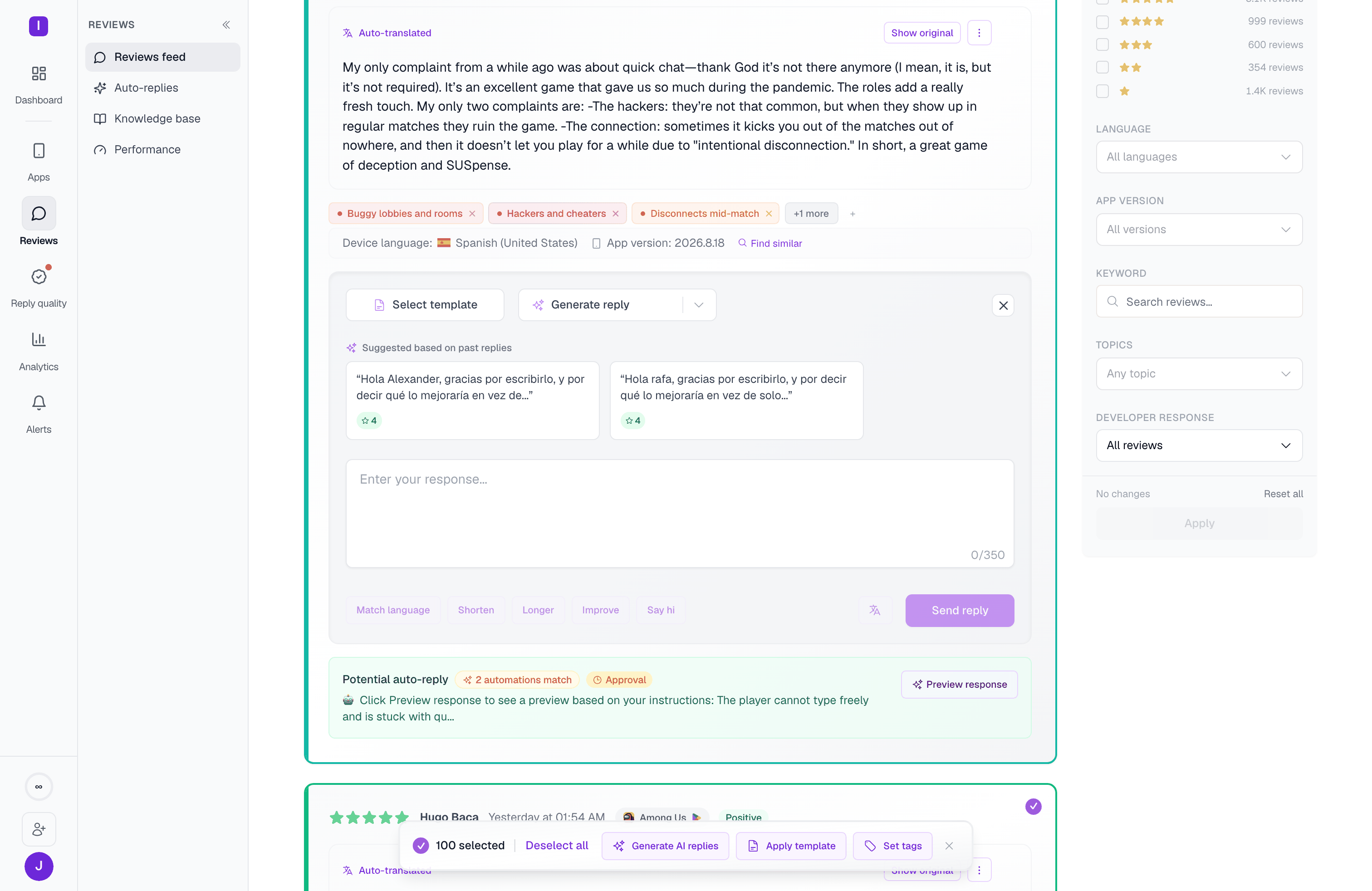 The bulk actions bar pinned at the bottom of the feed, with Generate AI replies, Apply template, and Set tags