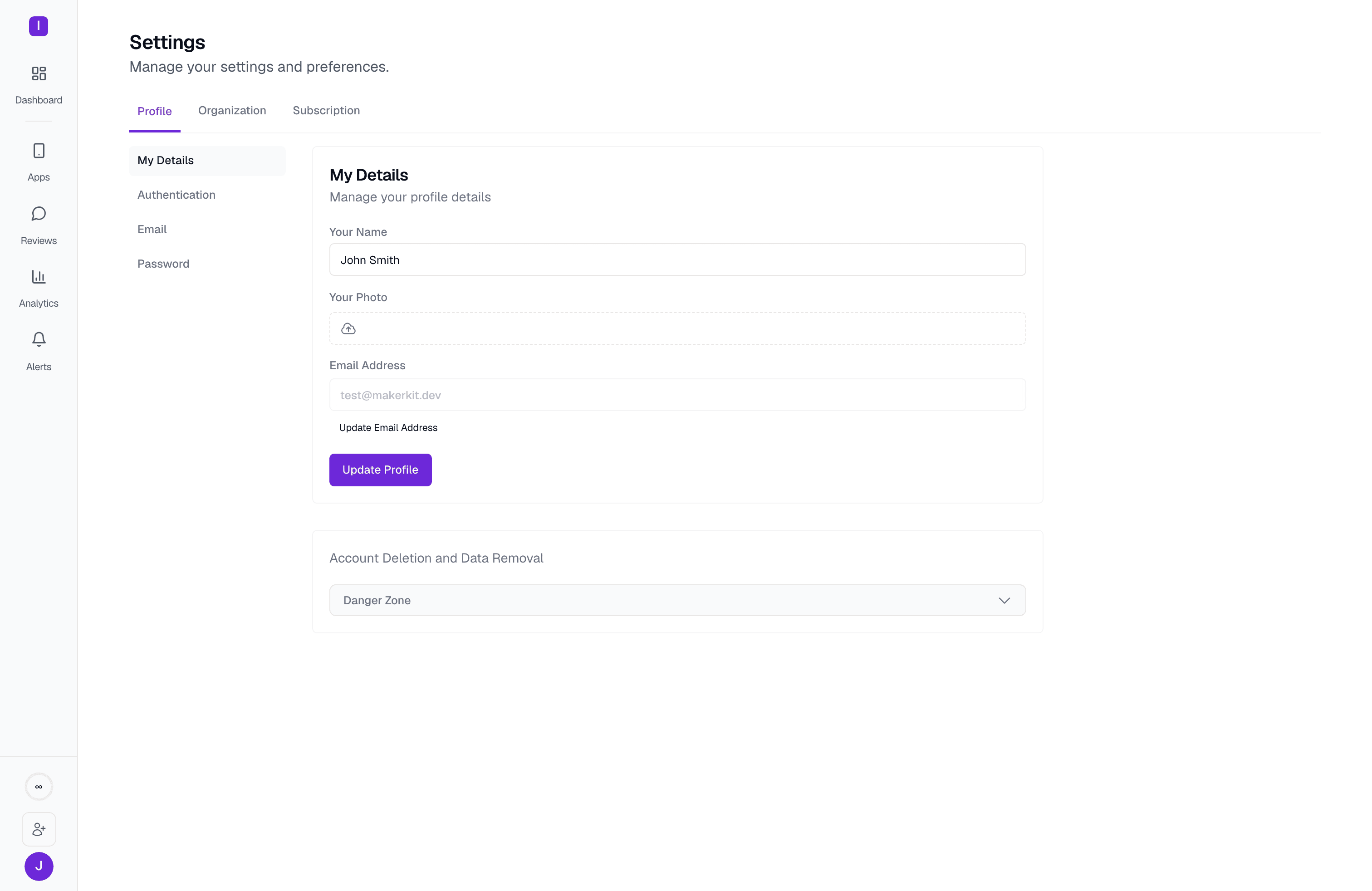 The Profile tab of Settings, showing the My Details form with name, photo, and email fields, plus a collapsed Danger Zone for account deletion