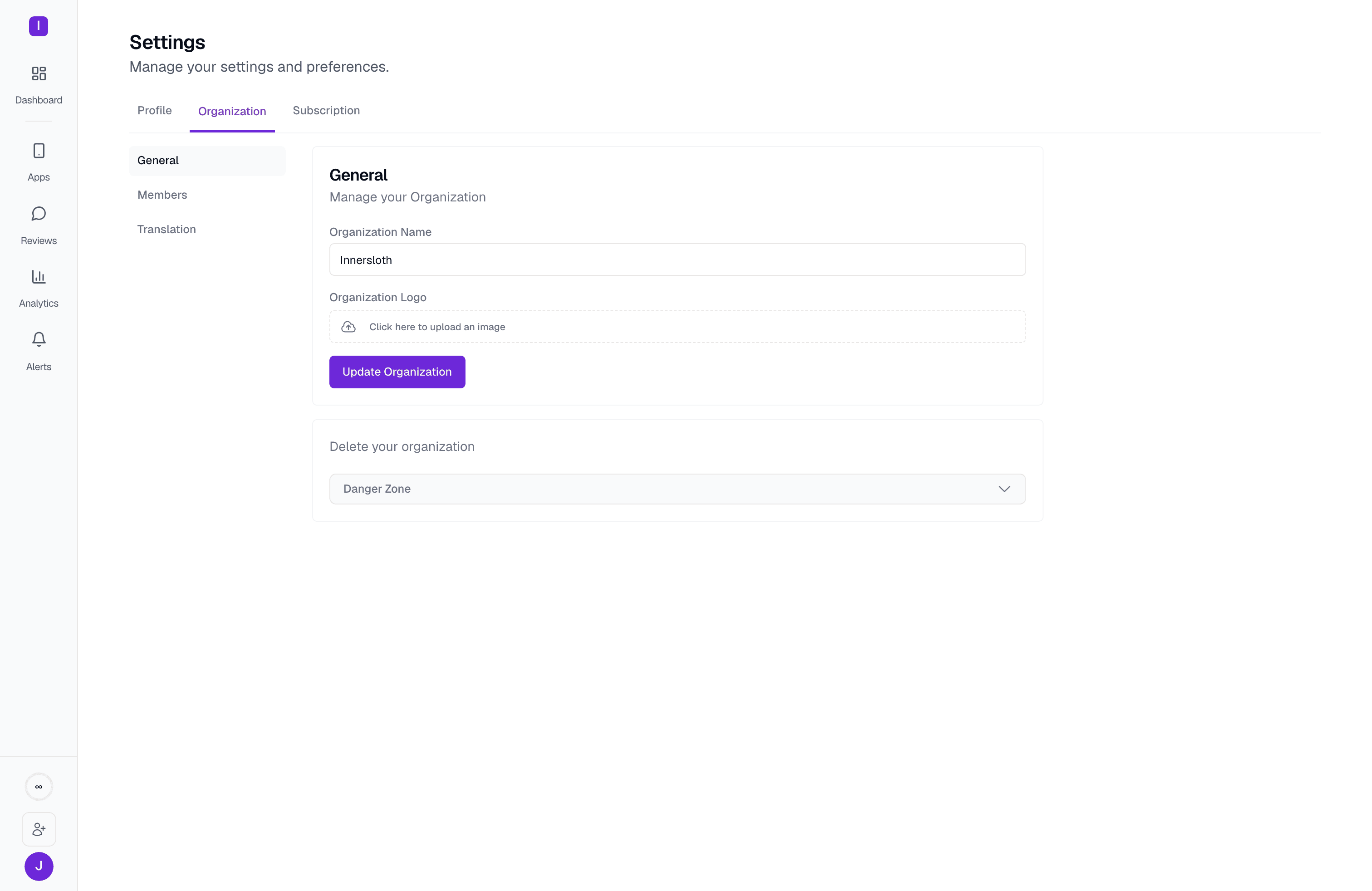 The Organization General tab, showing the organization name field, a logo upload area, and a Delete your organization Danger Zone
