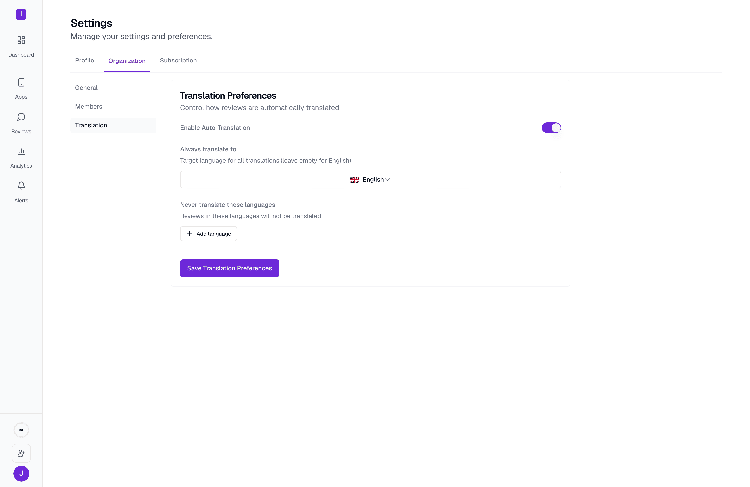Translation Preferences screen, with Enable Auto-Translation toggled on, a target language set to English, and a Never translate these languages list