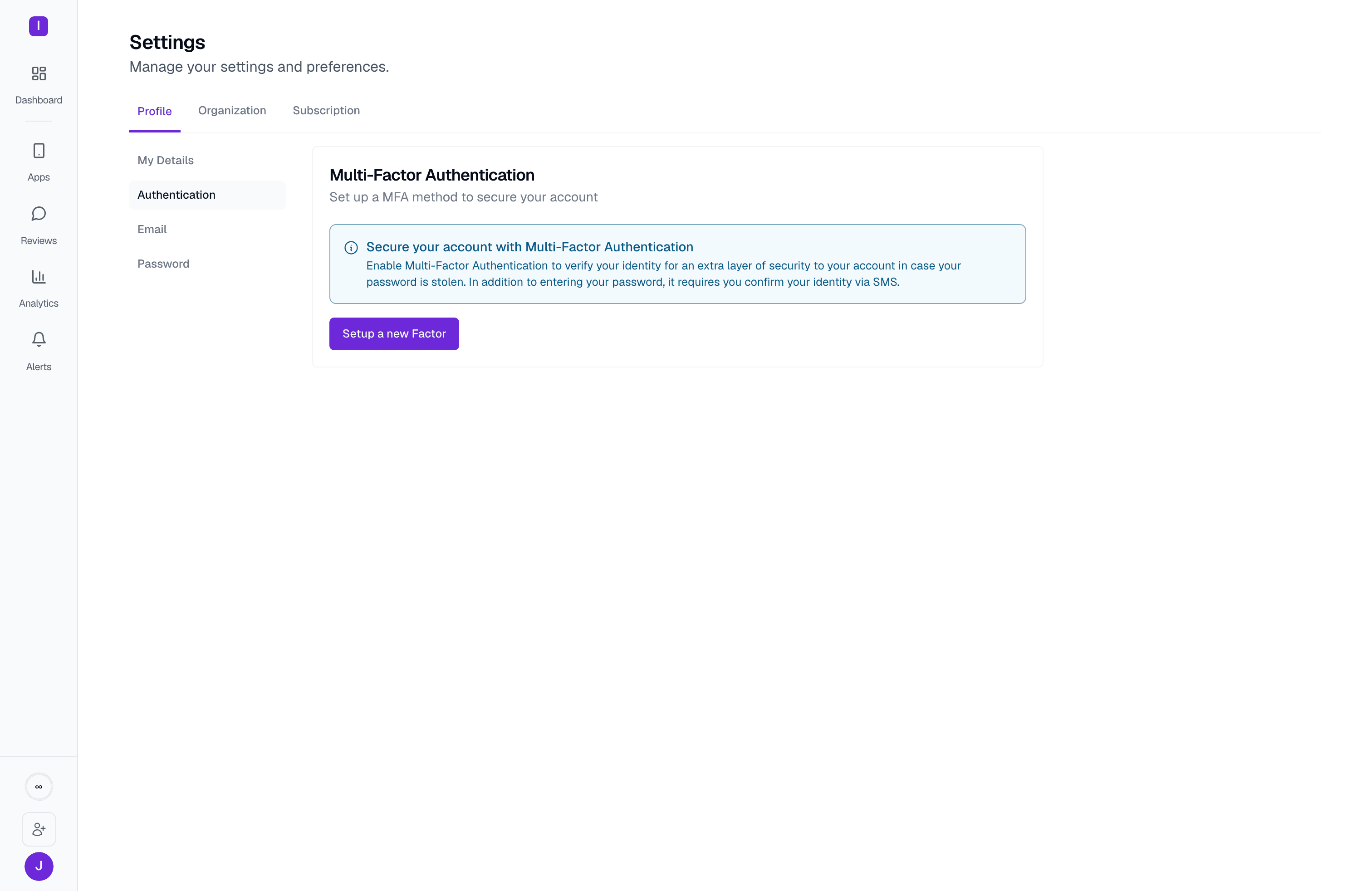 The Multi-Factor Authentication screen under Settings > Profile > Authentication, with a Setup a new Factor button before any factor is enrolled
