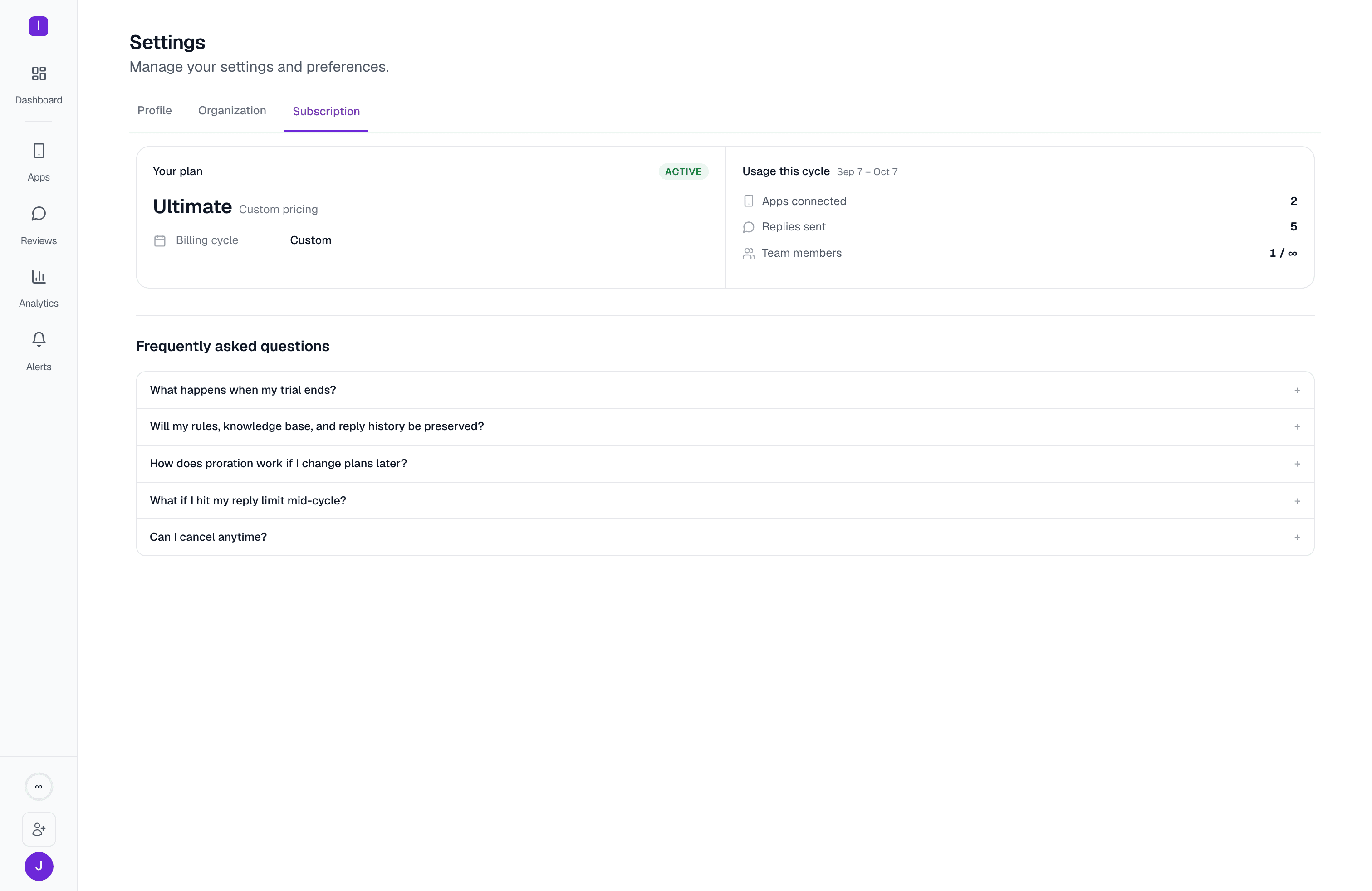 The Subscription tab on the Ultimate plan, showing an Active plan card, usage this cycle (apps connected, replies sent, team members), and an FAQ accordion