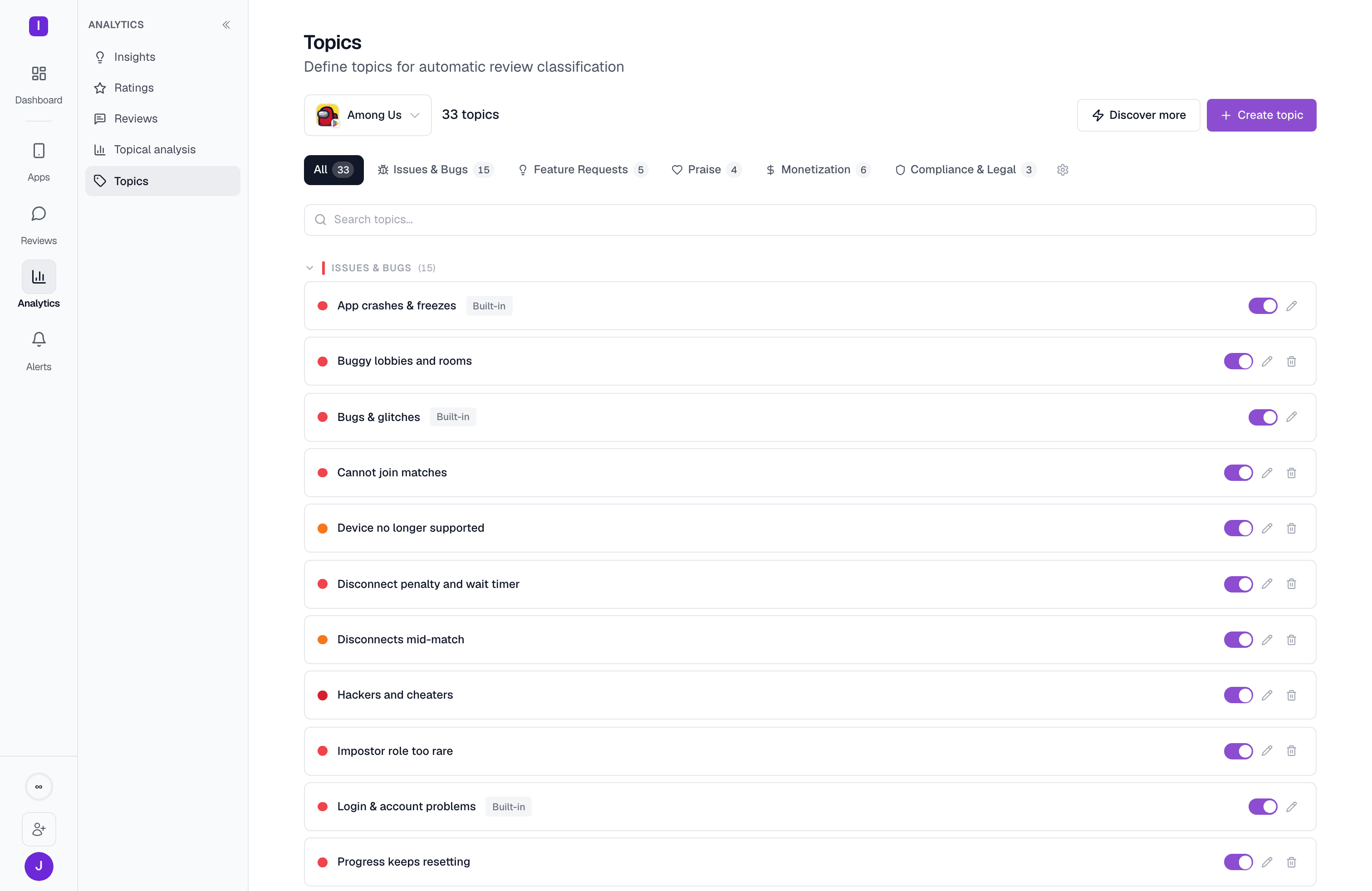 The Topics page: a topic taxonomy grouped into categories, each row showing an on/off toggle and a match count