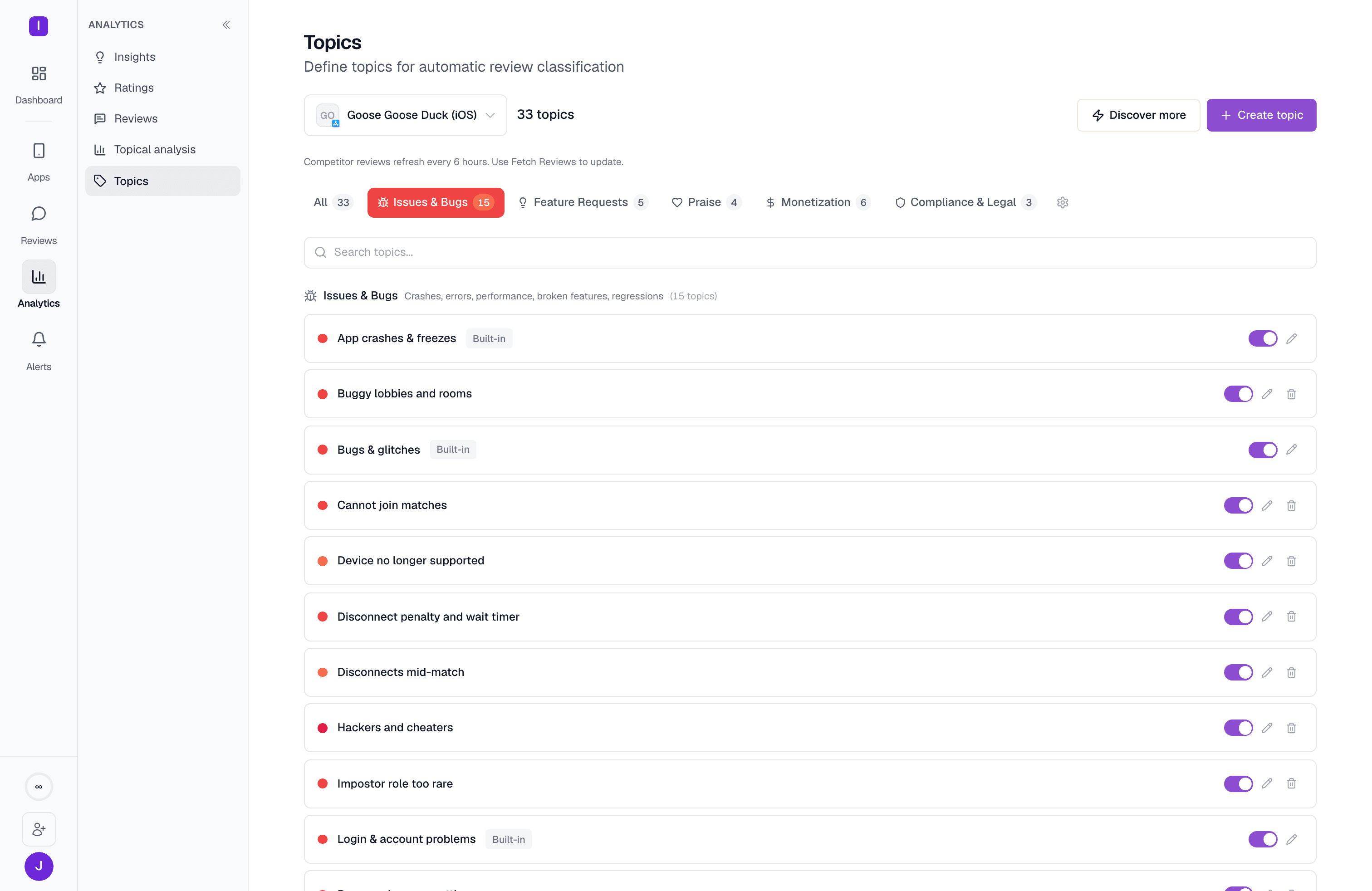 The Issues and Bugs category expanded, showing built-in topics like App crashes and freezes and Login and account problems