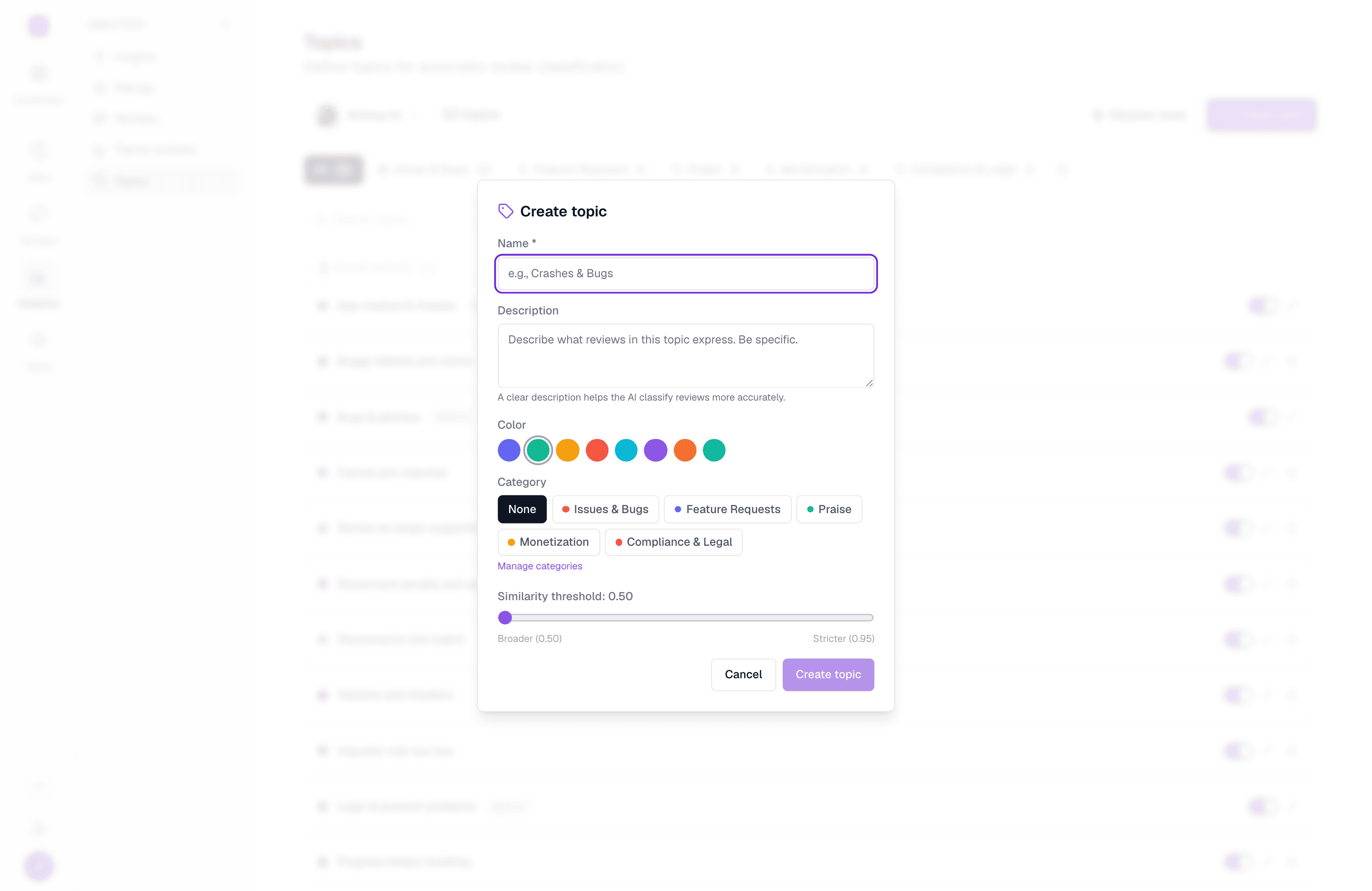 The Create topic dialog with name, description, color swatches, category chips, and a similarity threshold slider