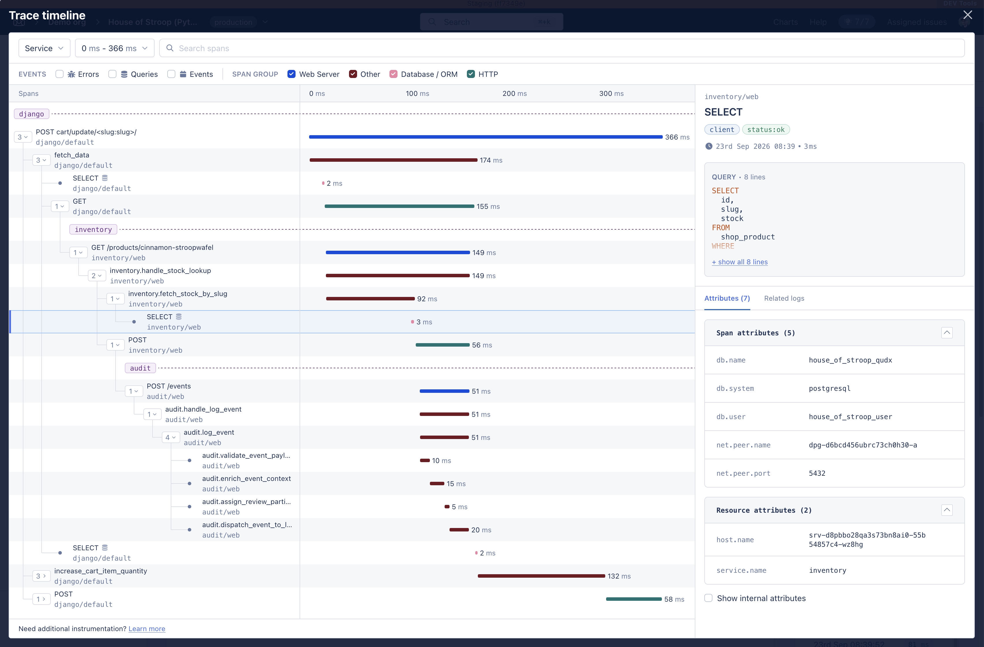 Full-screen trace timeline showing spans across django, inventory, and audit services over time, with filters across the top and the selected SQL span's query and attributes on the right