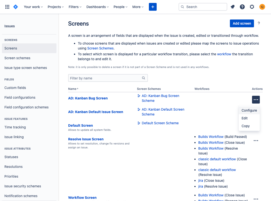 Jira Screen Options
