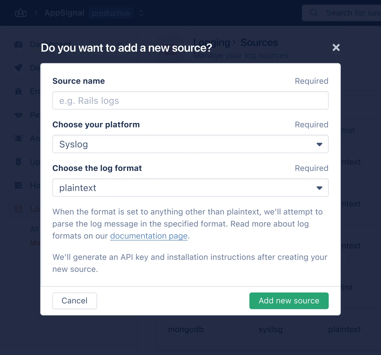 Add new Log Source form
