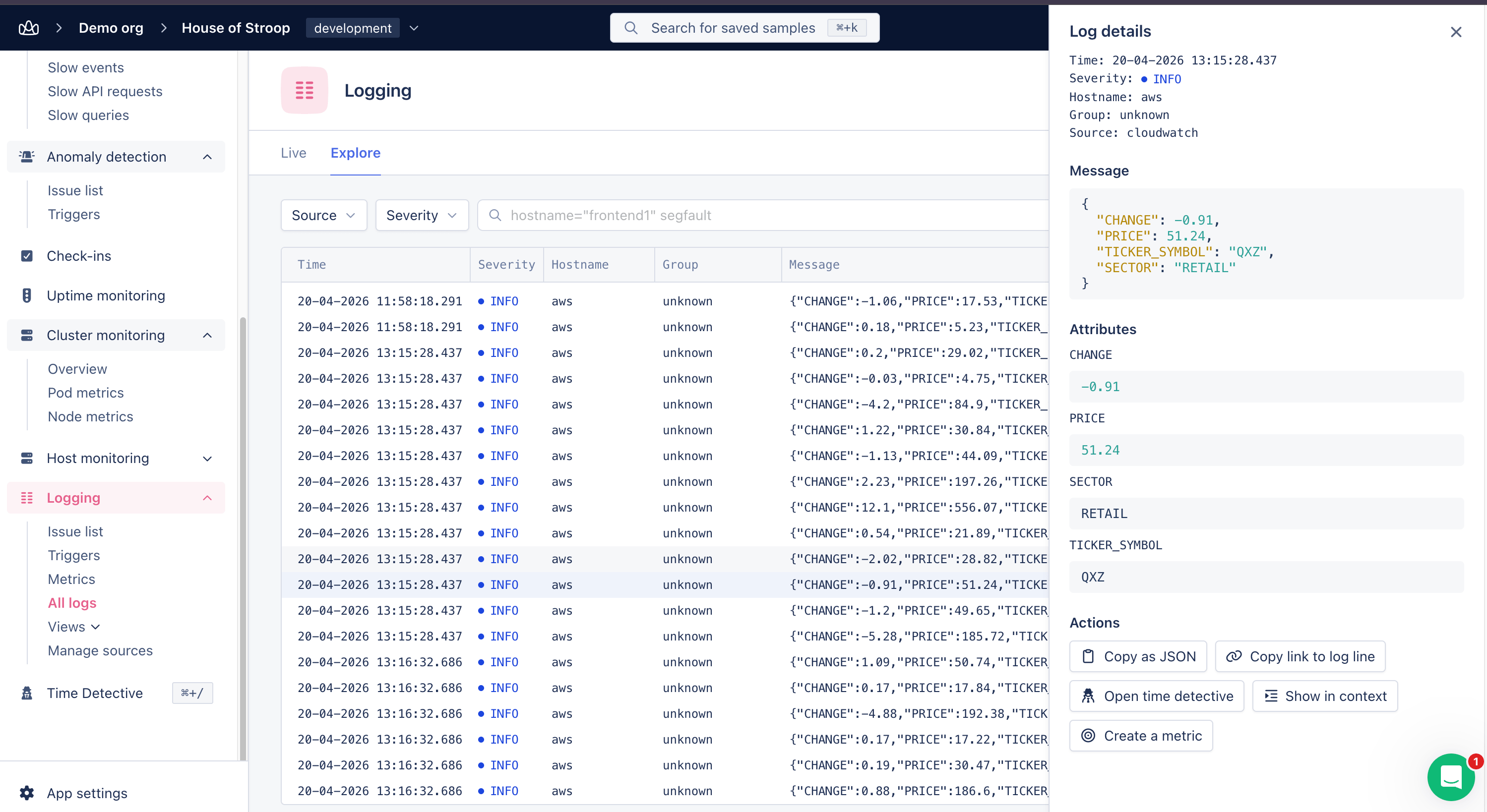 Log details panel with the Create a metric action
