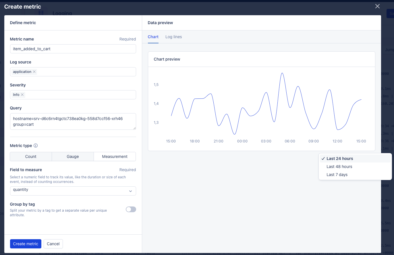 Create metric overlay with the chart time-range selector open