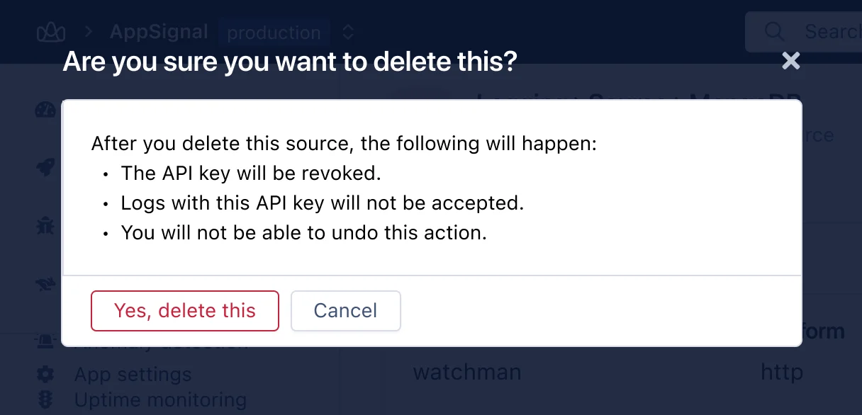 Screenshot of confirm deletion alert