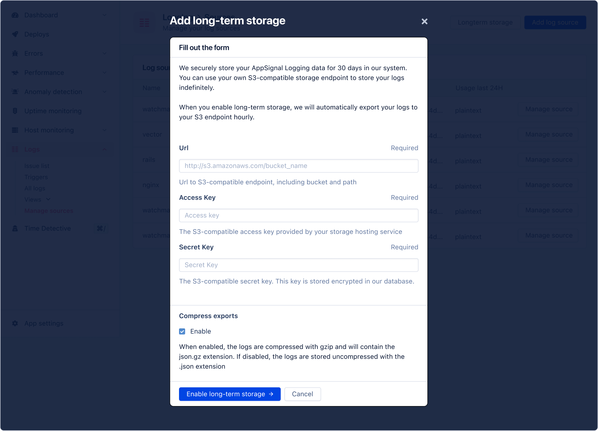 Form for adding long term storage