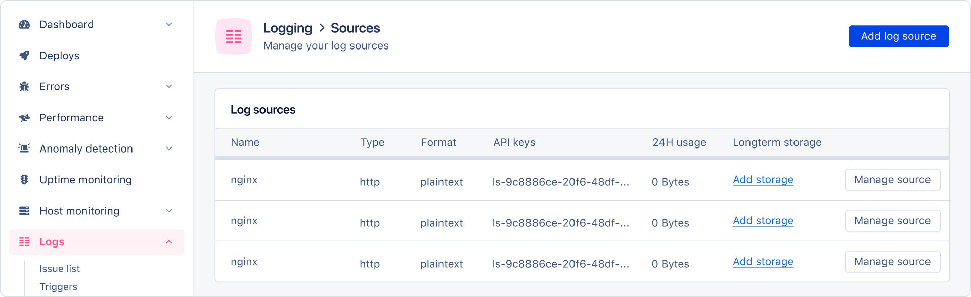 Image of log sources with Add storage link