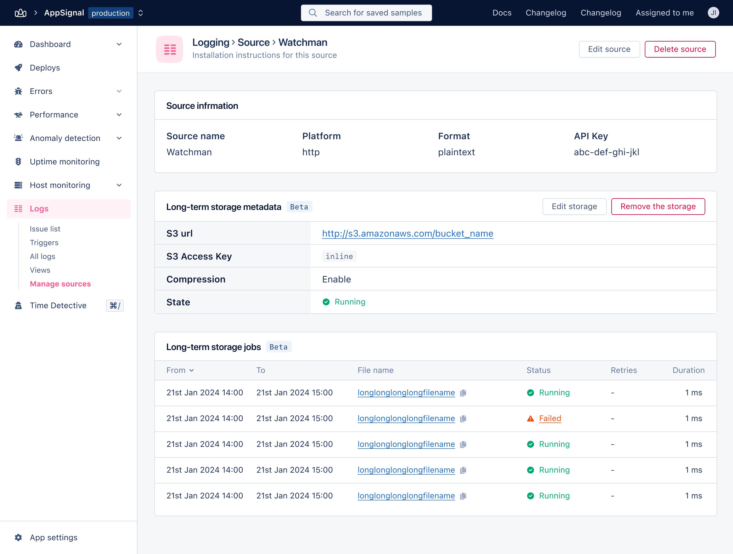 Source overview page