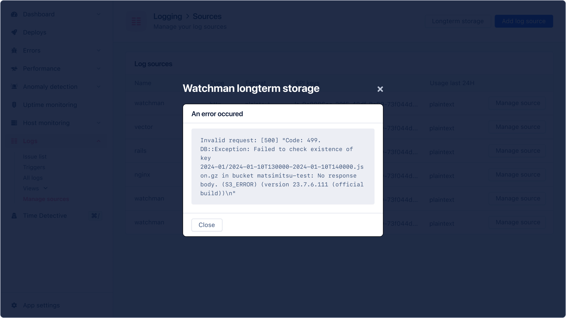 Source storage job error message
