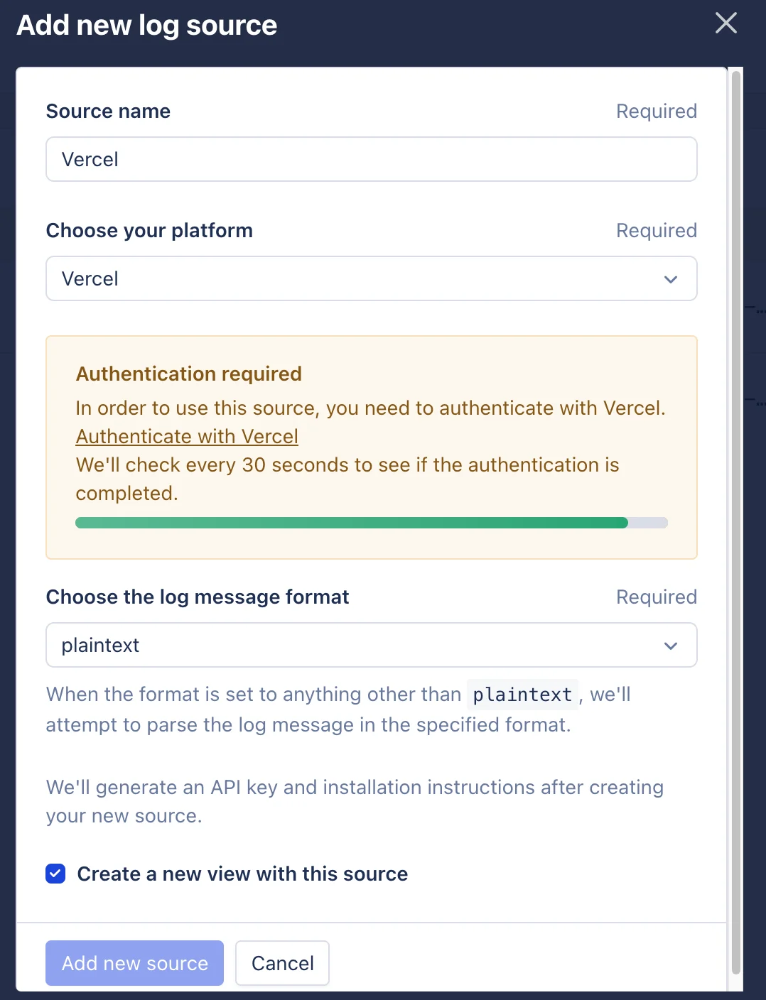 Screenshot of Add new source pop-up