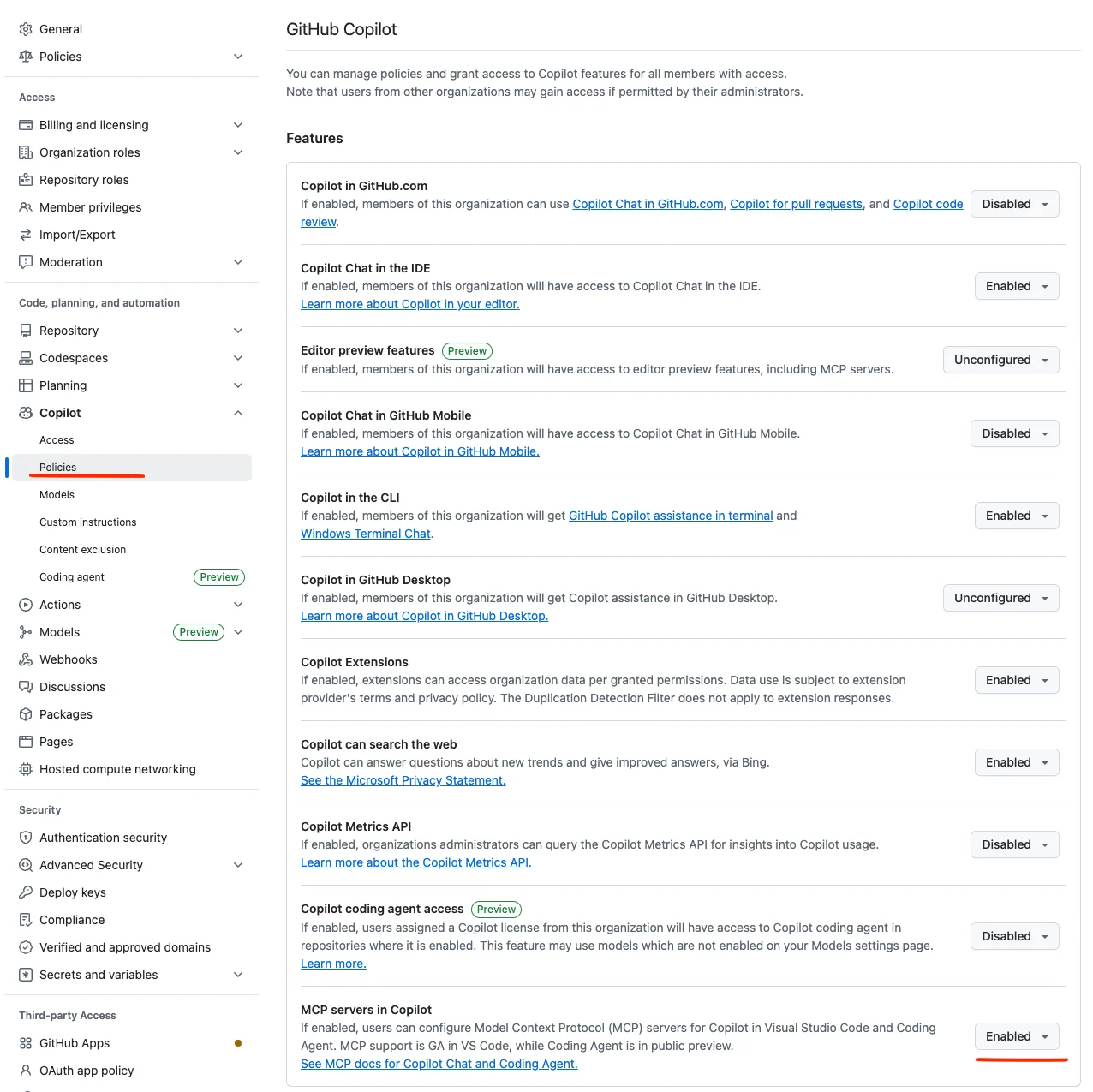GitHub Copilot settings