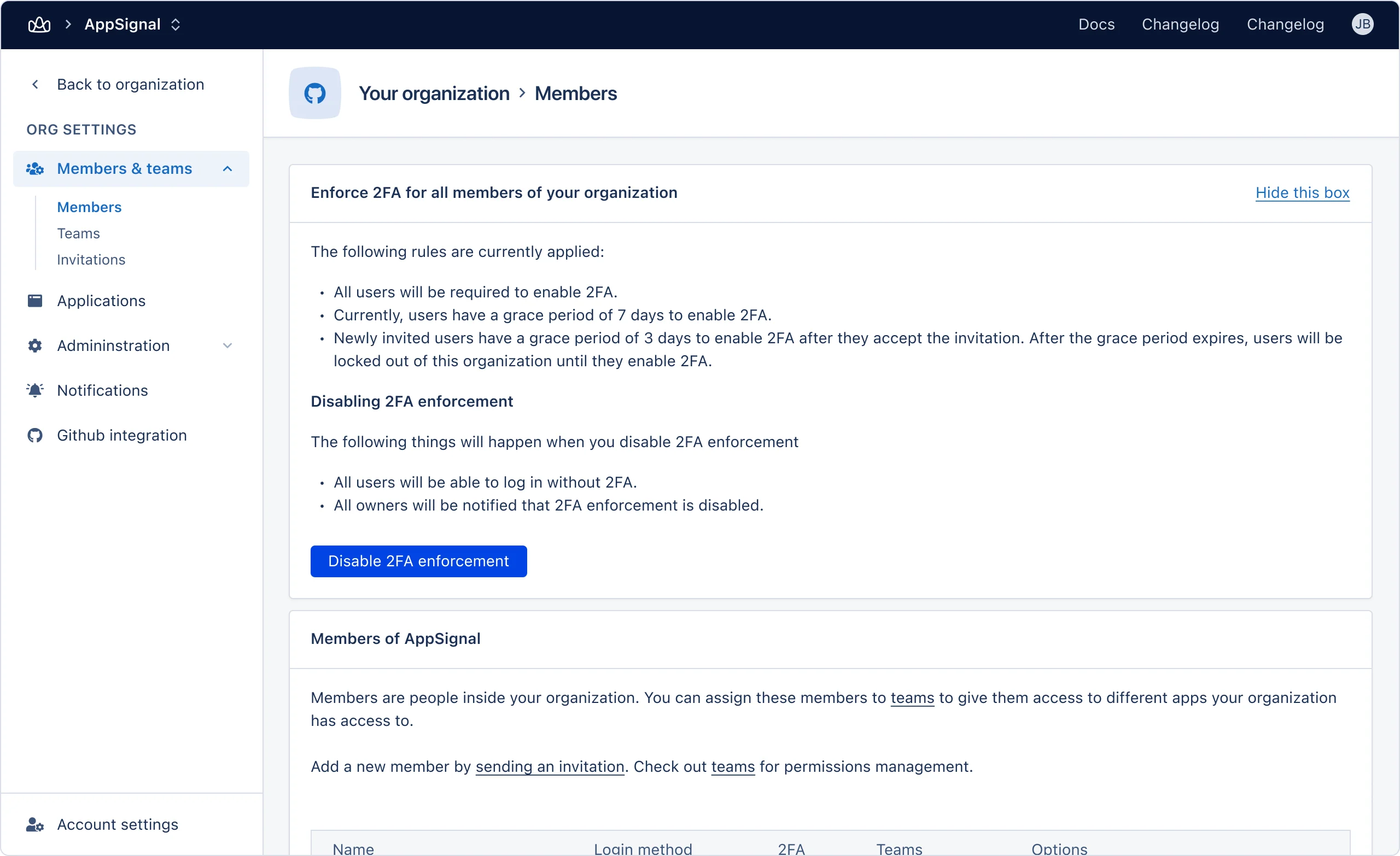 Screenshot of organization members screen with 2FA Enforcement option