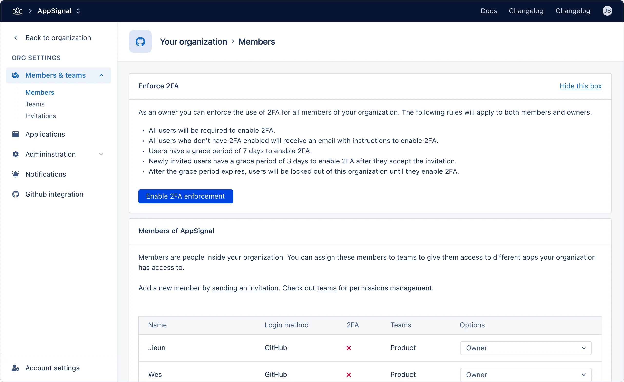 Screenshot of organization members screen with 2FA Enforcement option