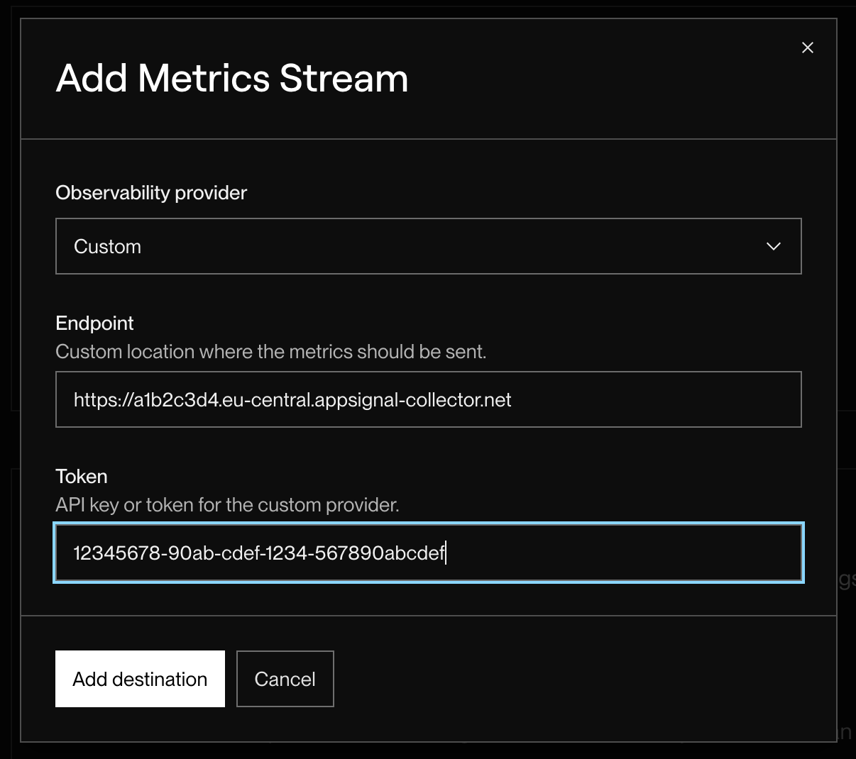 Screenshot of the "Add Metrics Stream" form filled in with AppSignal's hosted collector URL and an app-level push API key