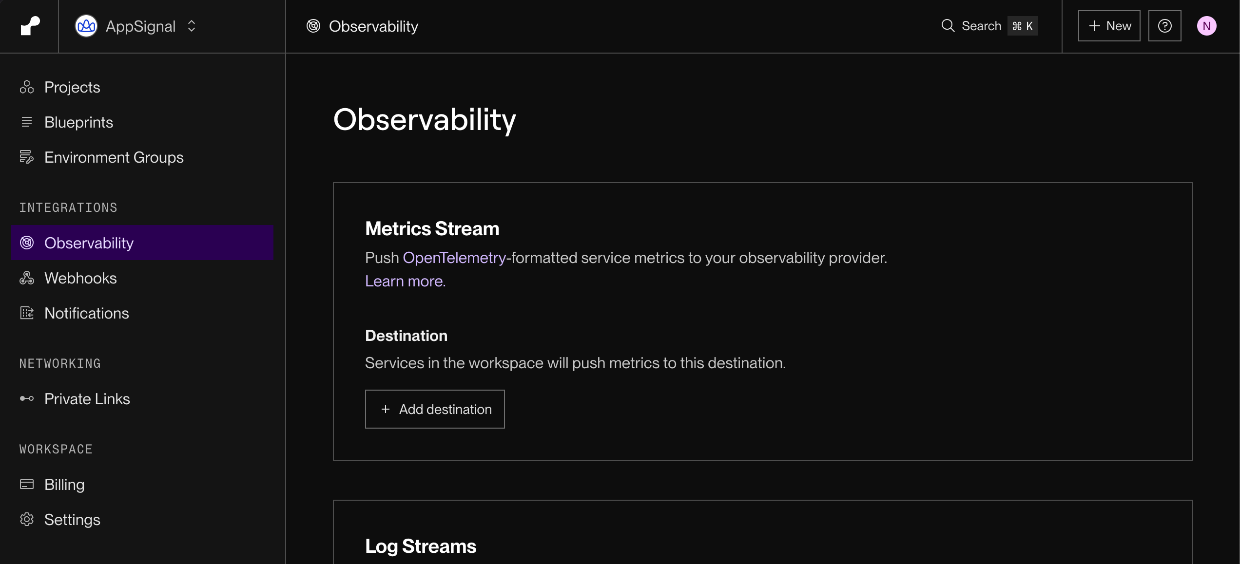 Screenshot of the Observability page in the Render Dashboard