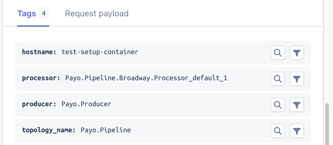 Tags on a Broadway trace, including hostname, message, processor, producer,
and topology_name
