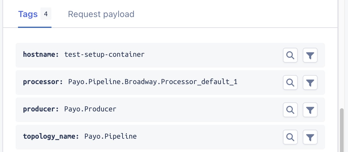 Tags on a Broadway trace, including hostname, message, processor, producer,
and topology_name