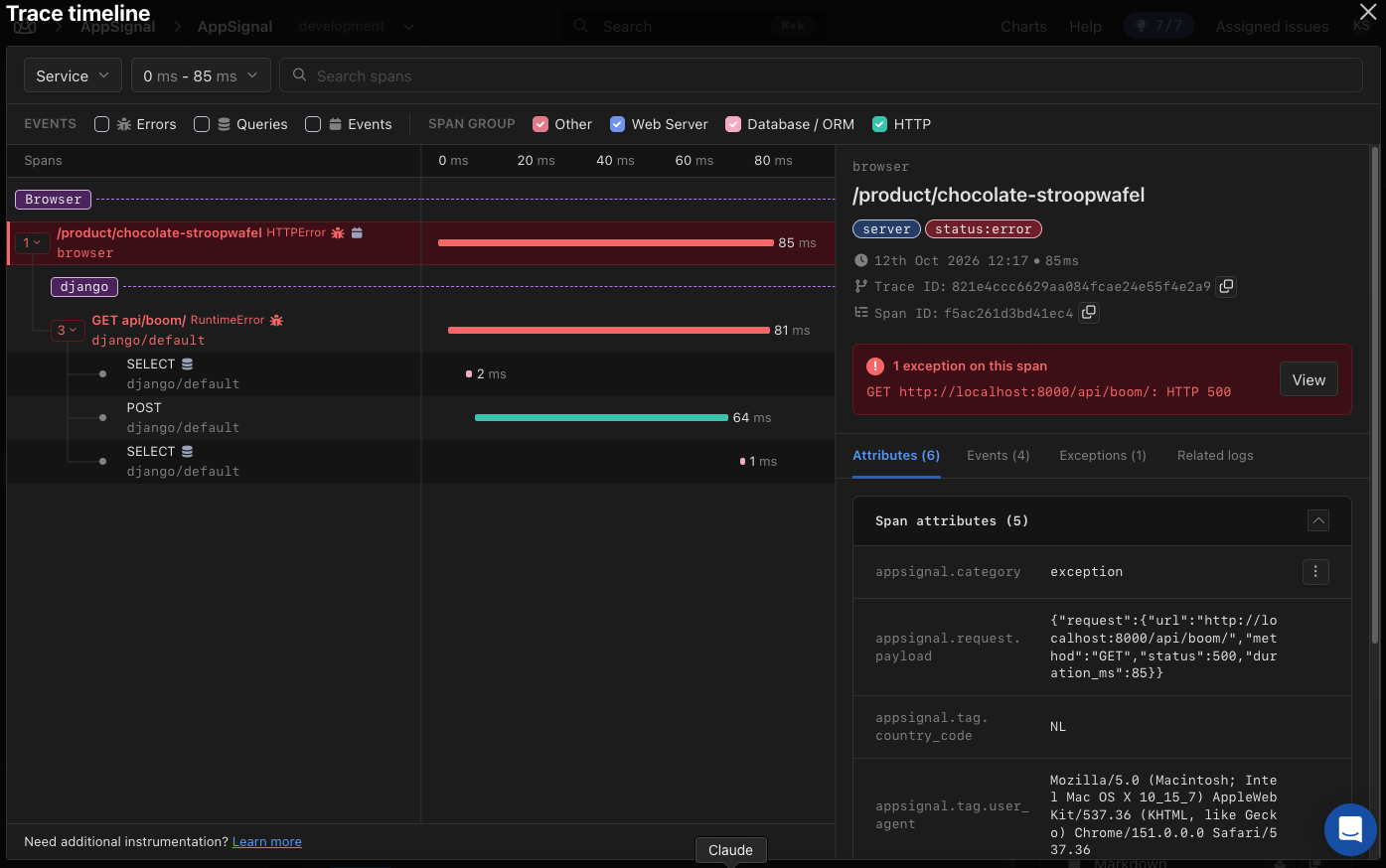 Trace timeline linking an 85 ms browser HTTPError for GET /api/boom/ (HTTP 500) to an 81 ms Django RuntimeError, with SELECT and POST child spans.