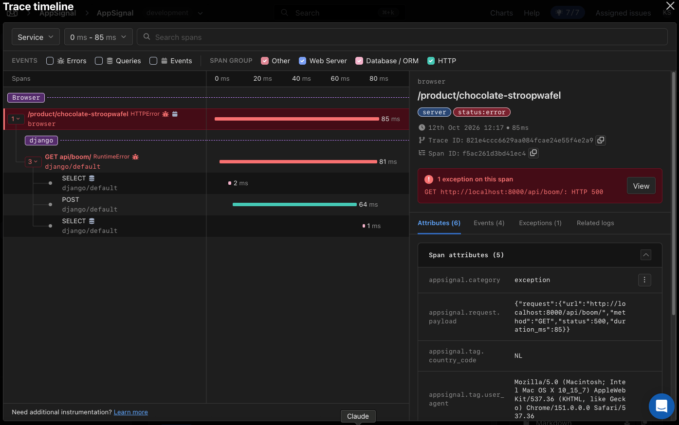 Trace timeline linking an 85 ms browser HTTPError for GET /api/boom/ (HTTP 500) to an 81 ms Django RuntimeError, with SELECT and POST child spans.