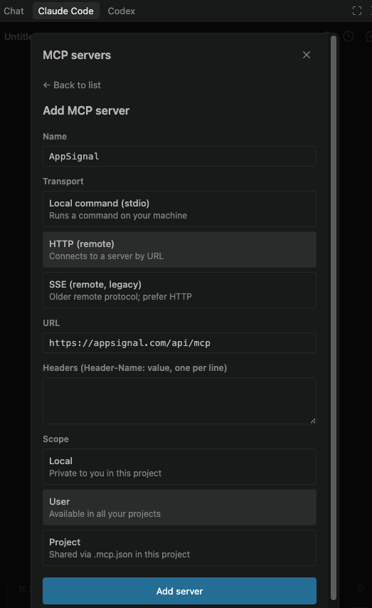 Claude Code's Add MCP server form filled with the AppSignal name, HTTP remote transport, AppSignal MCP URL, and the available scope options
